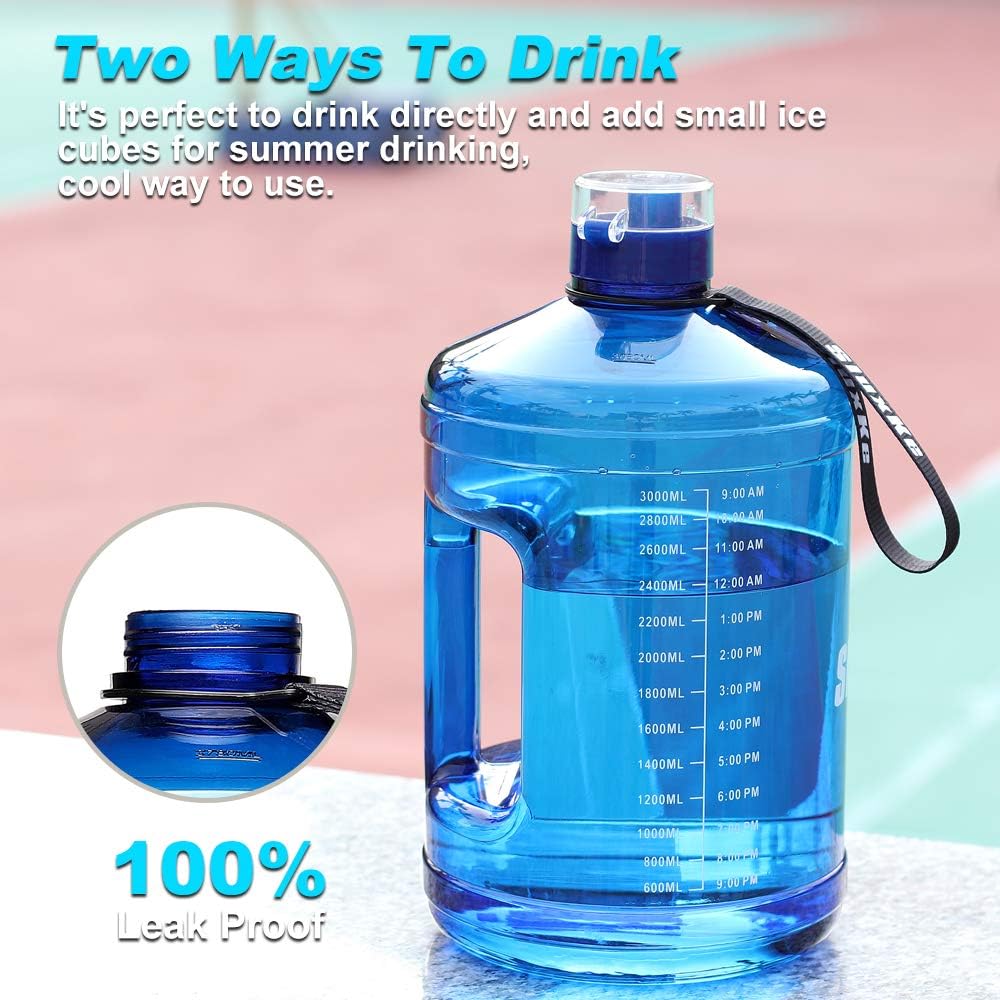 SLUXKE Gallon Big Water Bottle with Handle, 128oz Leakproof BPA Free Fitness Sports Water Bottle with Motivational Time Marker & Wide Mouth Ensure You Drink More Water