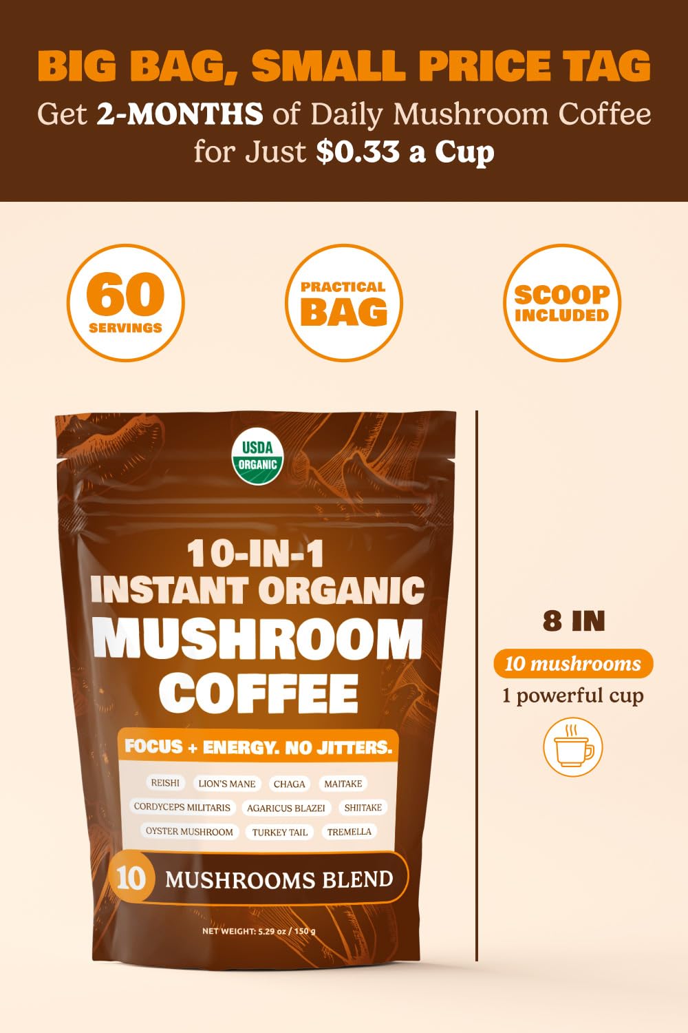 ShroomDNA Mushroom Coffee Blend with Chaga & Lion's Mane | Instant Focus + Clarity All Day | Organic + Vegan + Gluten Free | No Added Sugar | 20 Count