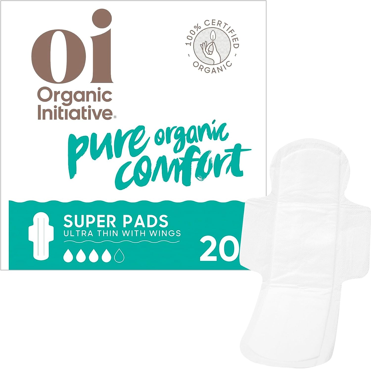 Oi | Organic Initiative - Ultra Thin Pads with Wings, 20 Count (10 Regular/10 Super) | 100% Certified Organic Cotton Pads, Unscented | Leak Free, Biodegradable Thin Pads for Women | Non-GMO, Non Toxic