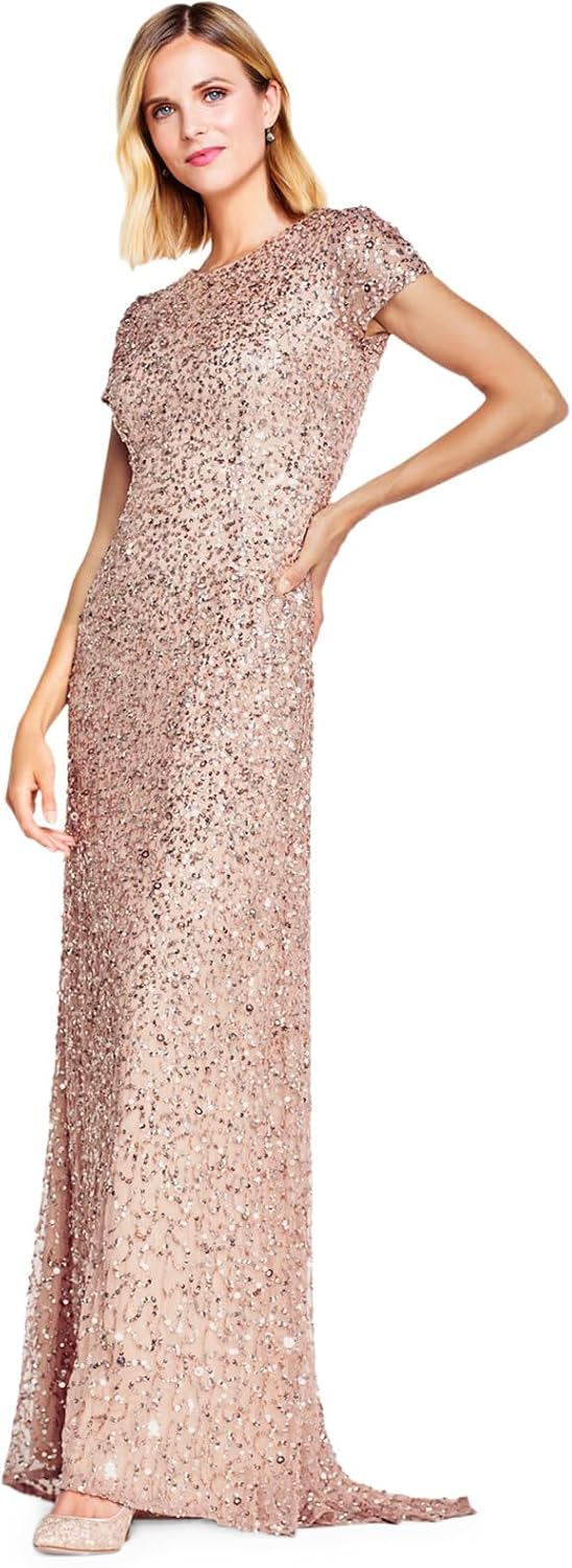 Adrianna Papell Womens Short-Sleeve All Over Sequin Gown