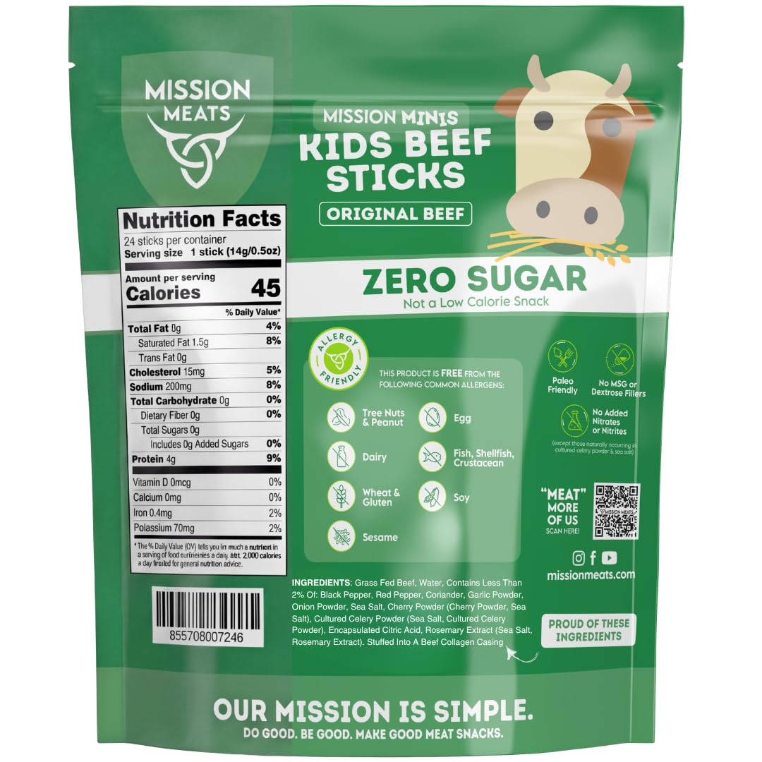 Mission Meats Kids Beef Sticks, Zero Sugar, Healthy Mini Snacks 0.5oz, 24ct | Healthy Back-to-School Snack, Great for Lunches & Sports, Top 9 Allergen Free, Individually Wrapped, Kid-Loved & Not Spicy