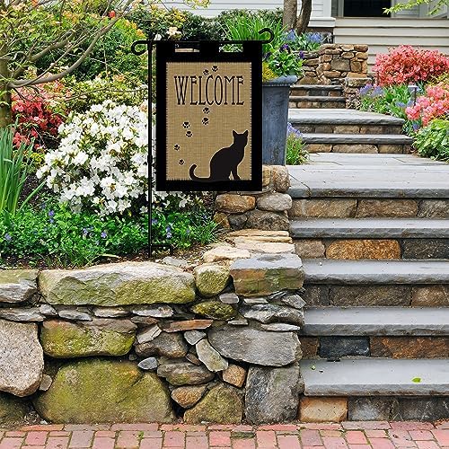Welcome Black Cat Silhouette Paws Burlap 18 x 13 Rectangular Applique Tab Top Small Garden Flag