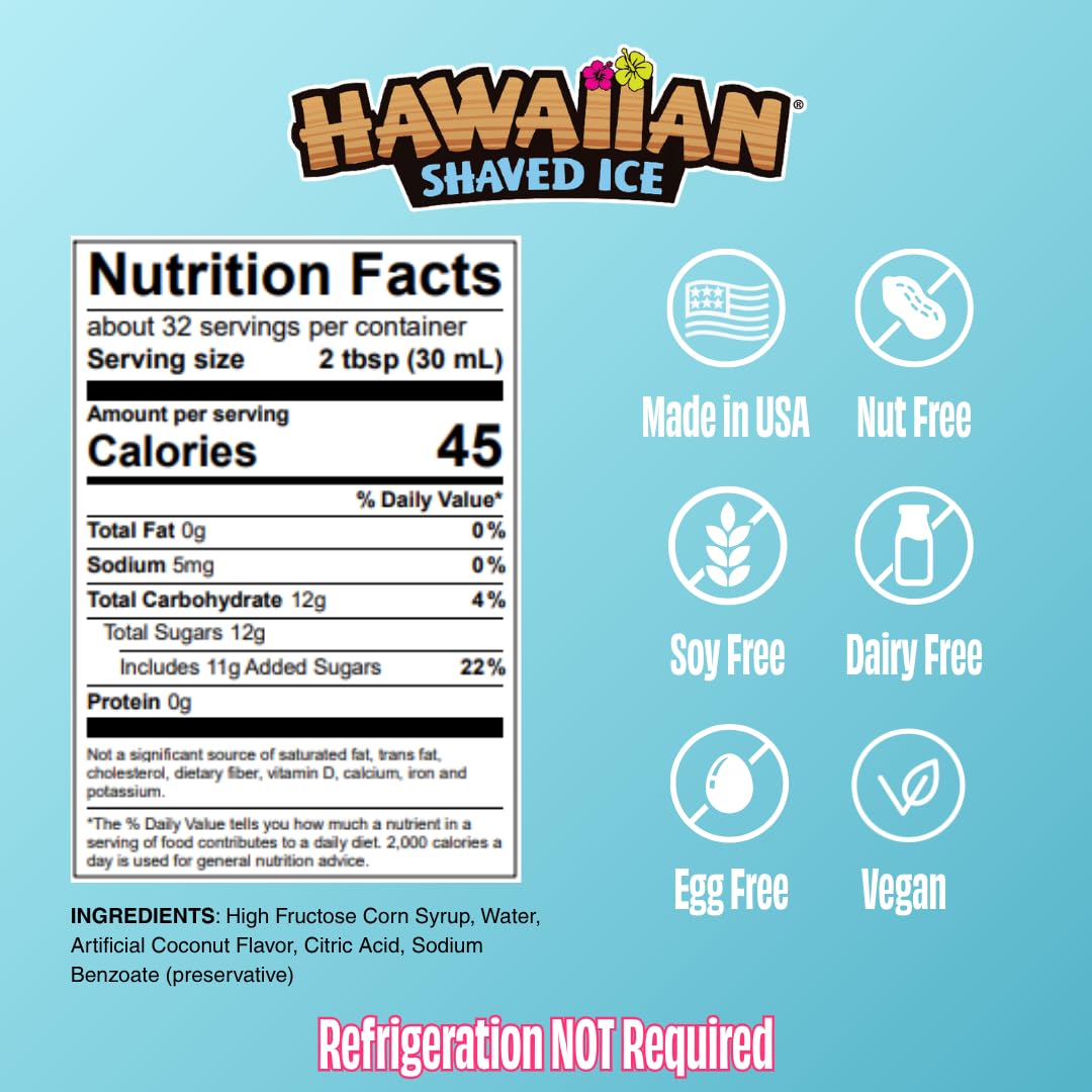Hawaiian Shaved Ice Blue Raspberry Syrup - Made Nut Soy Dairy Free in the USA - Flavor Fluffy Shaved & Crunchy Snow Cone - Shelf Stable After Opening - Makes 8 Servings - 16 ounces
