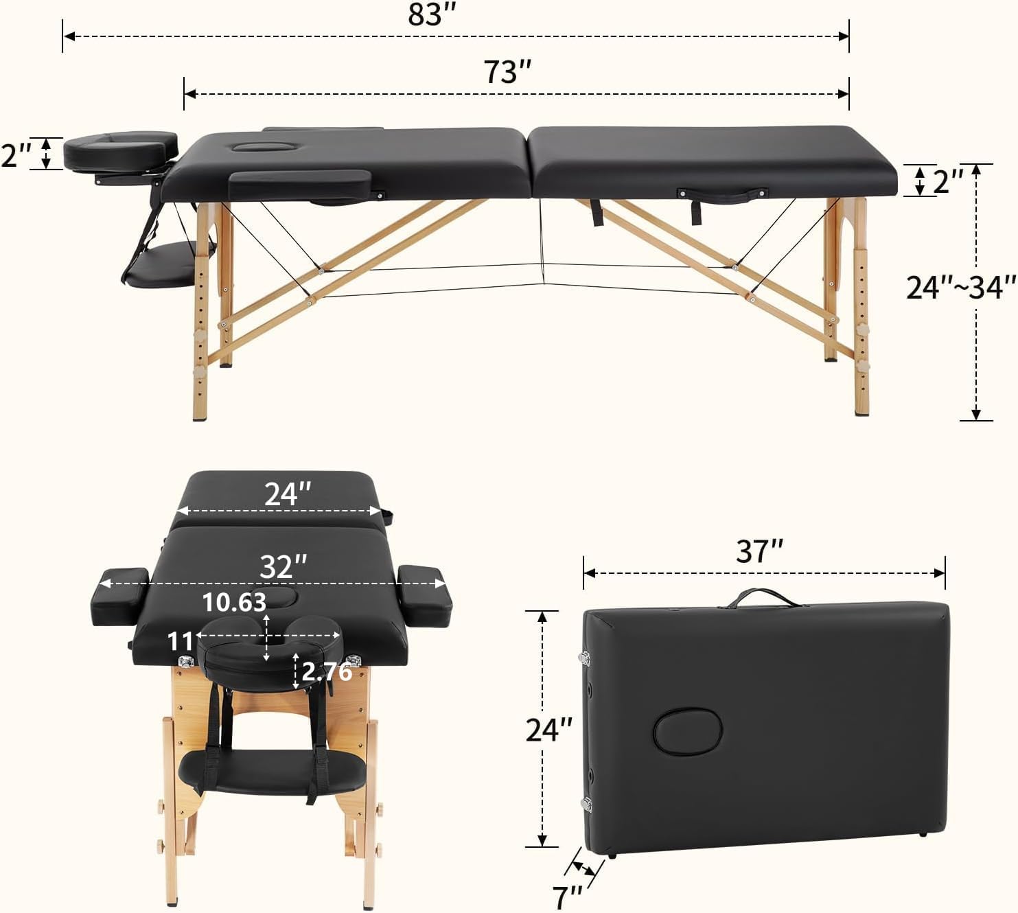 BestMassage | Portable Massage Table | 24" Wide, Black PU Leather | Lightweight, 2-Fold Massage Table with Height Adjustment, 450lbs Capacity, Carry Bag | For Massage, Facial, Tattoo, Home, Spa
