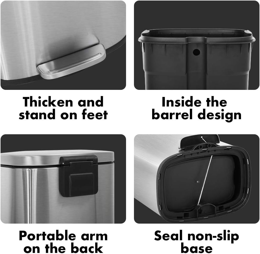 FDW | 13 Gallon Trash Can with Lid | Steel | Fingerprint-Proof | Made of Brushed Stainless Steel | Soft-Close Step Pedal | Hands-Free Use | Easy to Clean | for Kitchen, Office, Bathroom