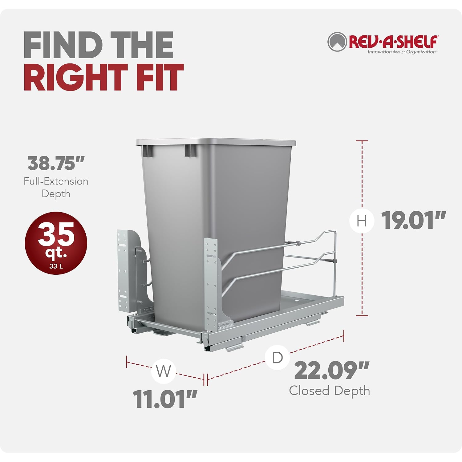 Rev-A-Shelf 35 Qt Pull Out Trash Can with Soft Close for Under Kitchen Cabinets, Min Opening Width of 11.5", Metallic Silver, 53WC-1535SCDM-117