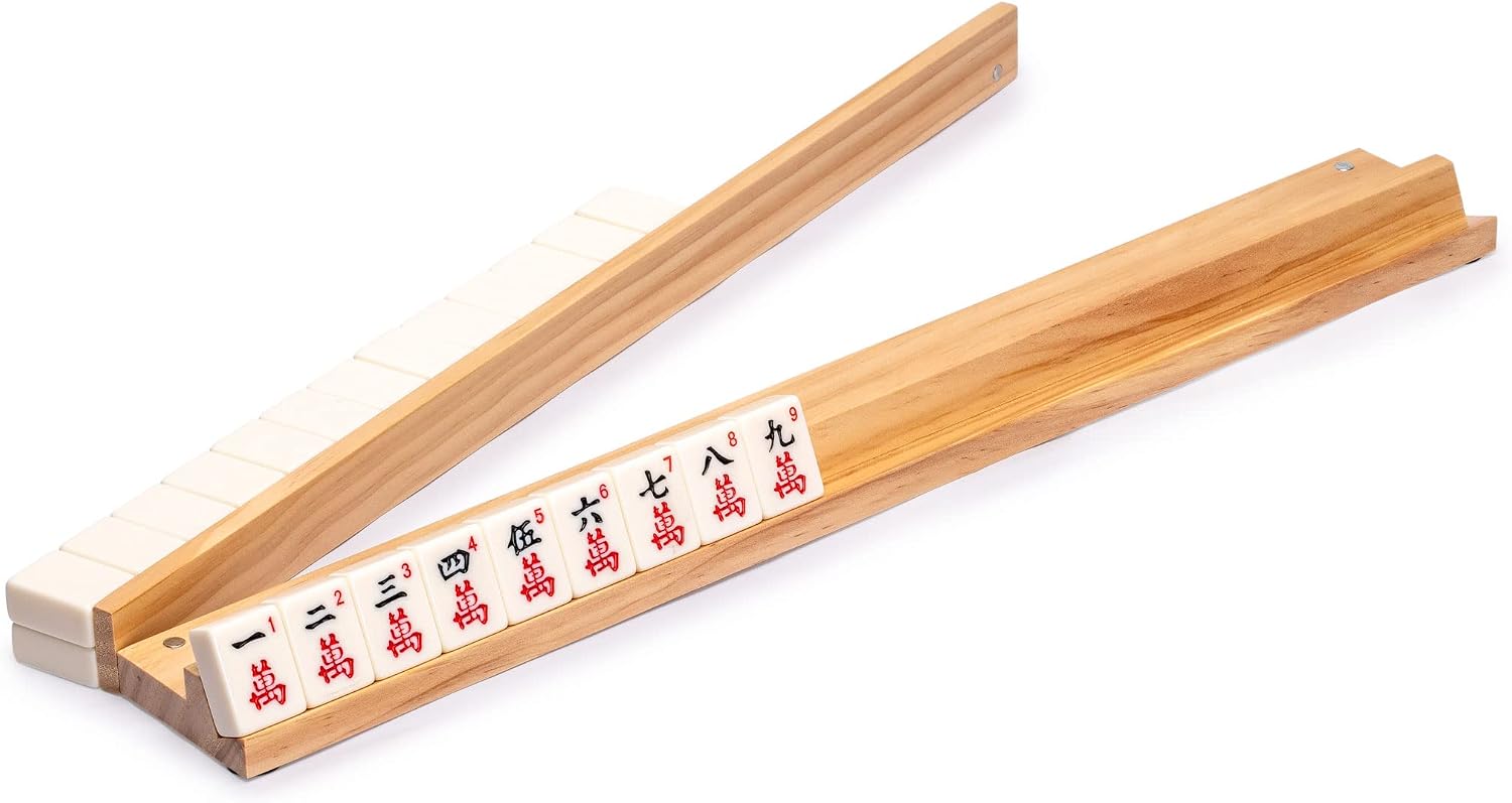 Yellow Mountain Imports Classic Chestnut Color Wooden Mahjong Game Racks with Pushers, 18 Inches - Set of 4 (Includes Magnetically Attached Mahjong Pushers)