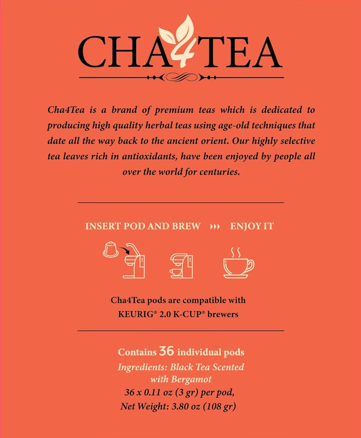 Cha4TEA 36-Count Earl Grey Tea Pod Compatible with Keurig K-Cup Brewers | Bold Black Tea with Bergamot Flavor