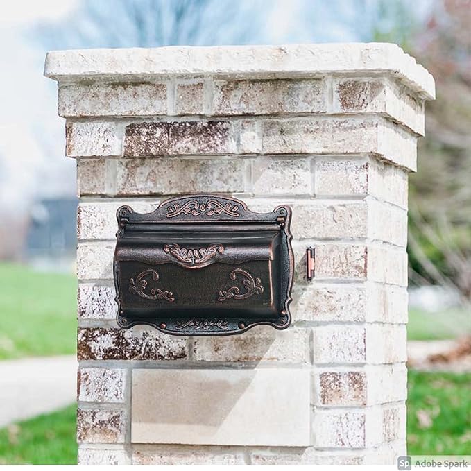 Antique Bronze Finishing Cast Aluminum Wall Mounted Mailbox, Weather-Resistant, Elegant Vintage Design. Size: 17.5" D x 5.3" W x 12.25" H. Includes 4 Pieces Finish Mounting Screws