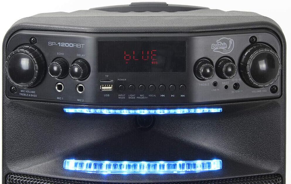 Dolphin Large Bluetooth Party Speaker, 12" Woofer | 80W Output, App Control, LED Light Show, USB, TF, FM & AUX Inputs, 2000mAh Battery, Dual Mic Jacks