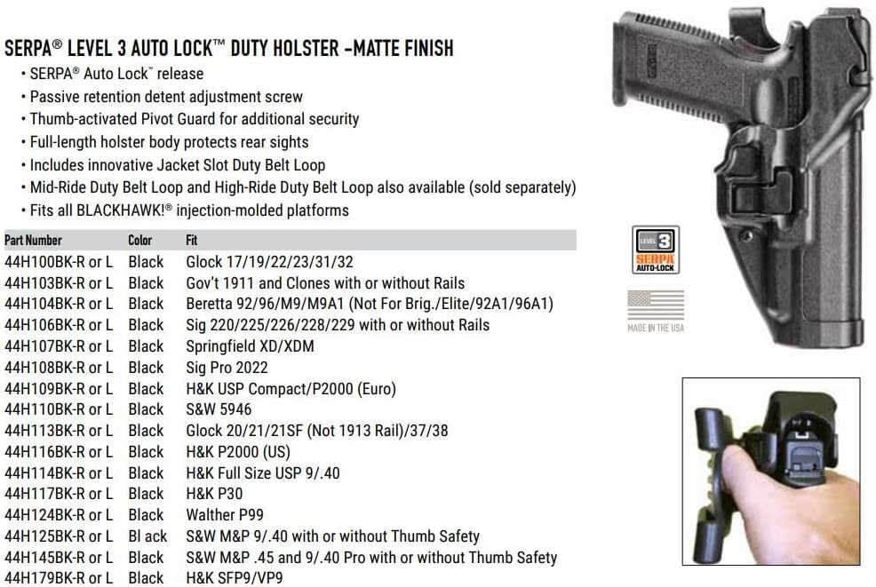 BLACKHAWK SERPA Level 3 Auto Lock Duty Holster - Matte Finish