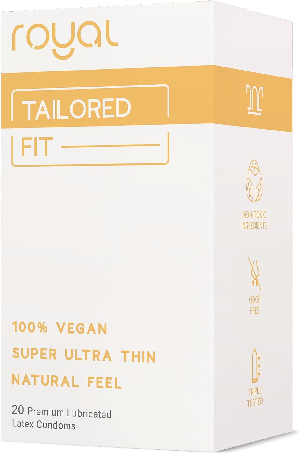 Royal Tailored Fit Ultra Thin Vegan Condoms - Premium Lubricated Condom Pack - Unflavored Lubricant, Organic Latex Rubber - Odorless, Slim