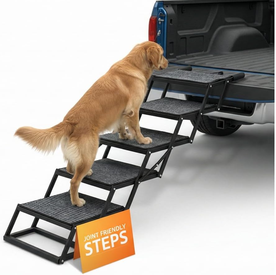 Foldable Dog Stairs for Cars Trucks & SUVs - Heavy-Duty Carbon Steel Pet Ladder Supports 230LB - Non-Slip Metal Mesh Joint-Friendly Portable Ramp for Large Dogs - 5 Step Pet Stairs w/Mat