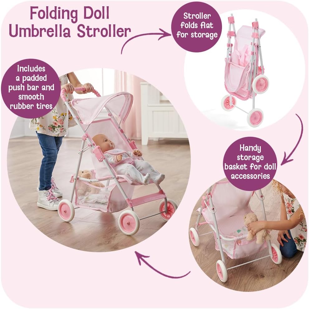 Badger Basket Folding Doll Umbrella Stroller with Basket - Pink/White | Fits up to 18" dolls