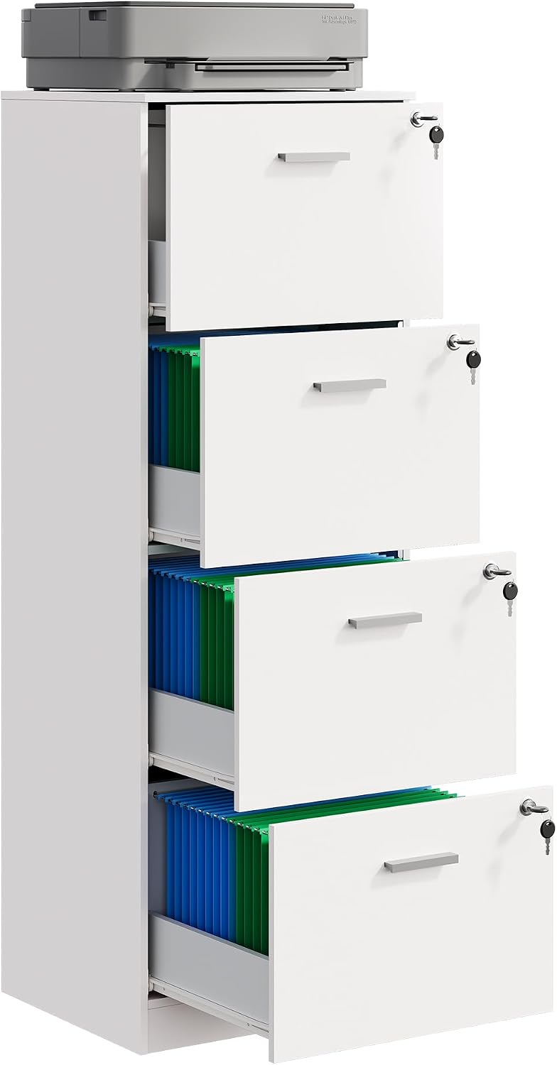 DEVAISE 3 Drawer Wood File Cabinet with Lock, Fits Letter and A4 Size | Wooden Tall Vertical Filing Cabinet, Home Office Printer Stand, Easy Assembly, White