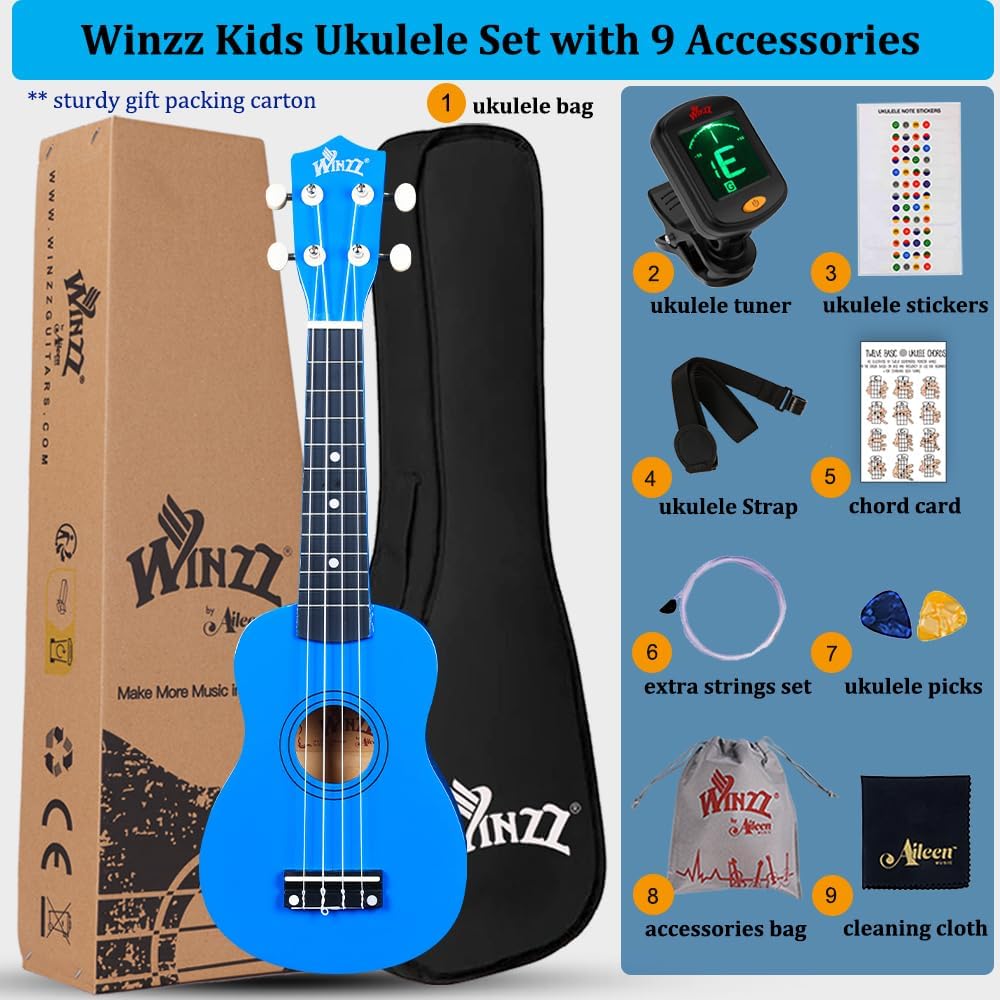 Winzz Soprano Ukulele Starter Kit For Beginners with Bag, Clip-On Tuner, Extra Strings, Strap, Plectrum, Fret Stickers, Chords Card, Polishing Cloth, Black