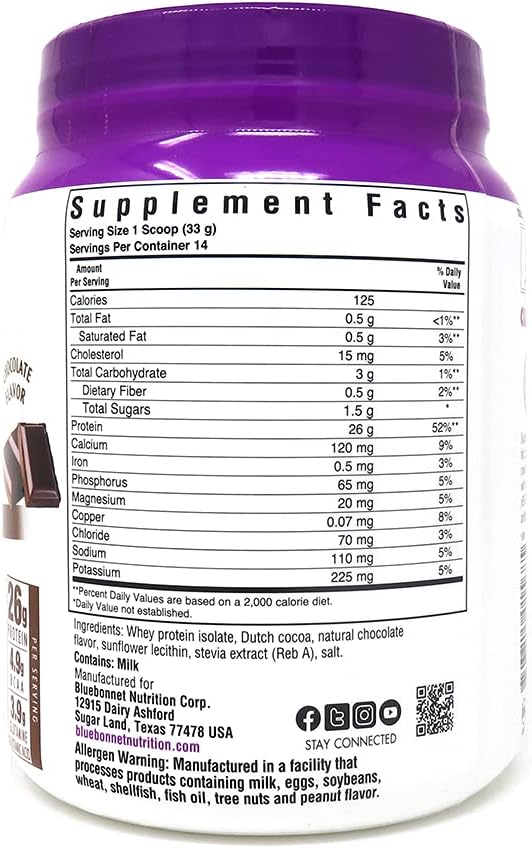 Bluebonnet Nutrition Whey Protein Isolate Powder, Whey from Grass Fed Cows, 26 Grams of Protein, No Sugar Added, Gluten Free, Soy Free, Kosher Dairy, 2.2 lbs, 32 Servings, Original Unflavored | Kosher