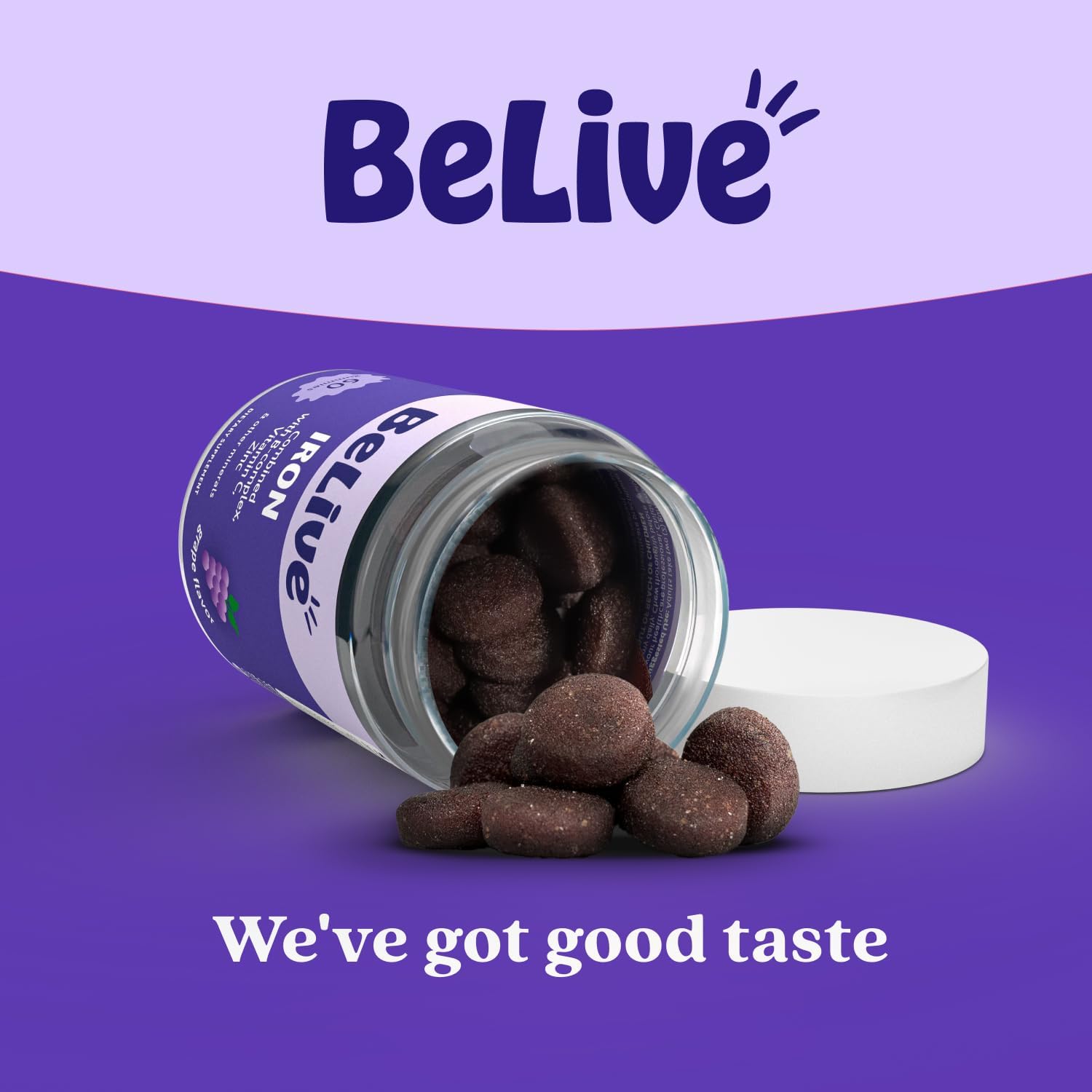 Belive Iron Gummies, Multivitamin Supplement, Blood Oxygen Support, 60 Ct | With Vitamin C, B Complex, Folate, and Zinc for Women, Men & Kids for Growth and Development, Grape Flavor