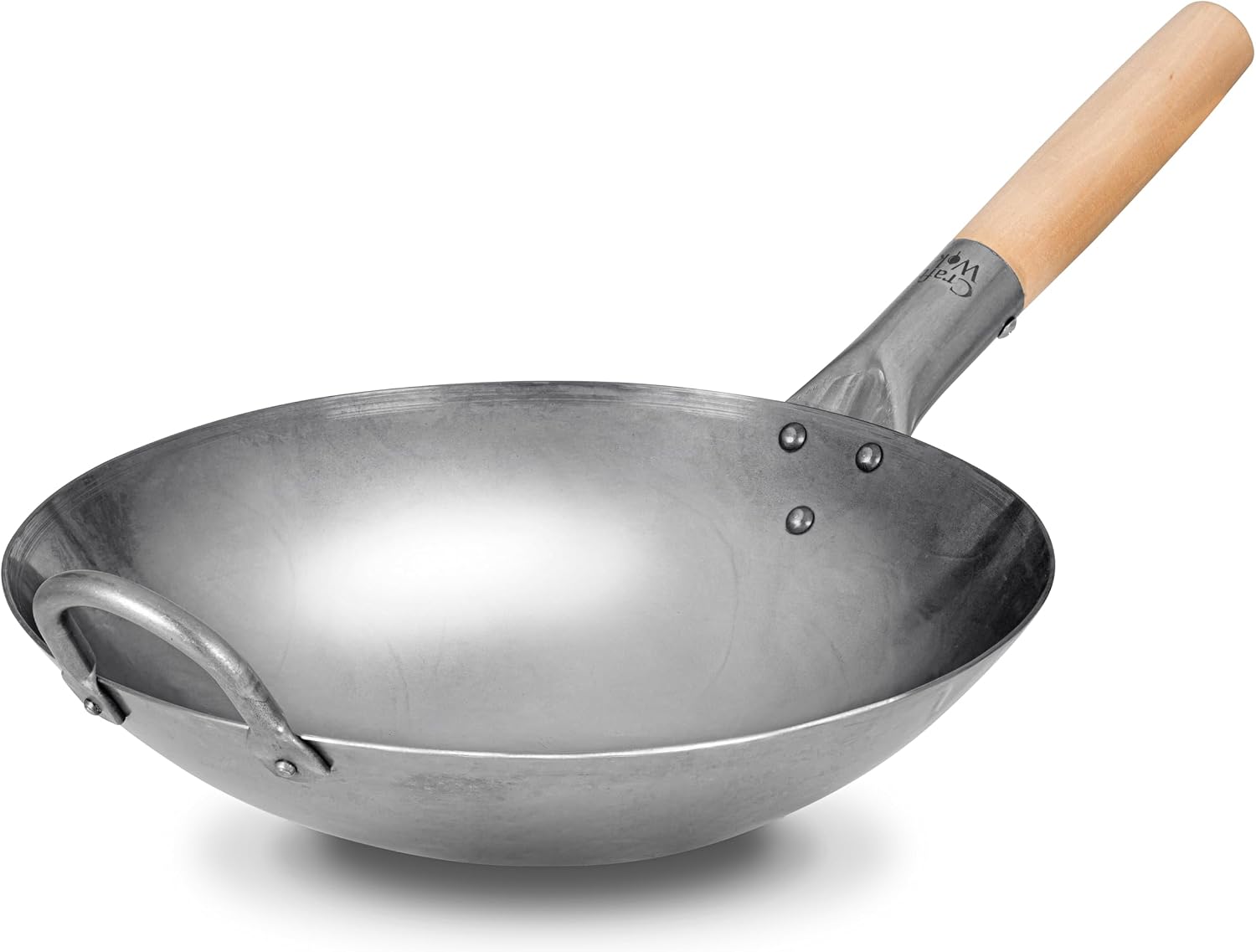 Craft Wok Traditional Hand Hammered Chinese Carbon Steel Wok with Wooden and Steel Helper Handle (14 Inch, Round Bottom Pow Wok Pan) / 731W88