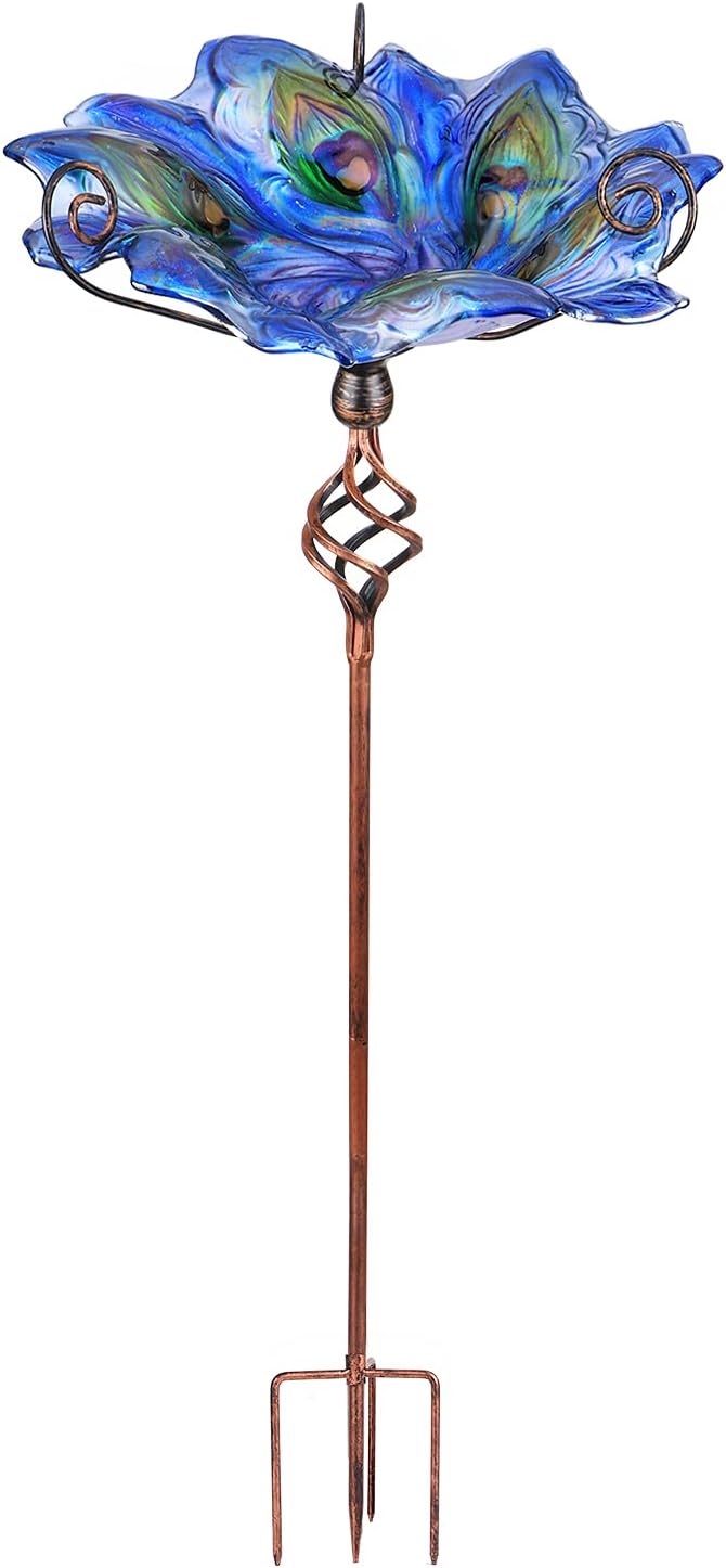 VCUTEKA Glass Bird Bath Outdoor Birdfeeder with Metal Stake Garden Decor
