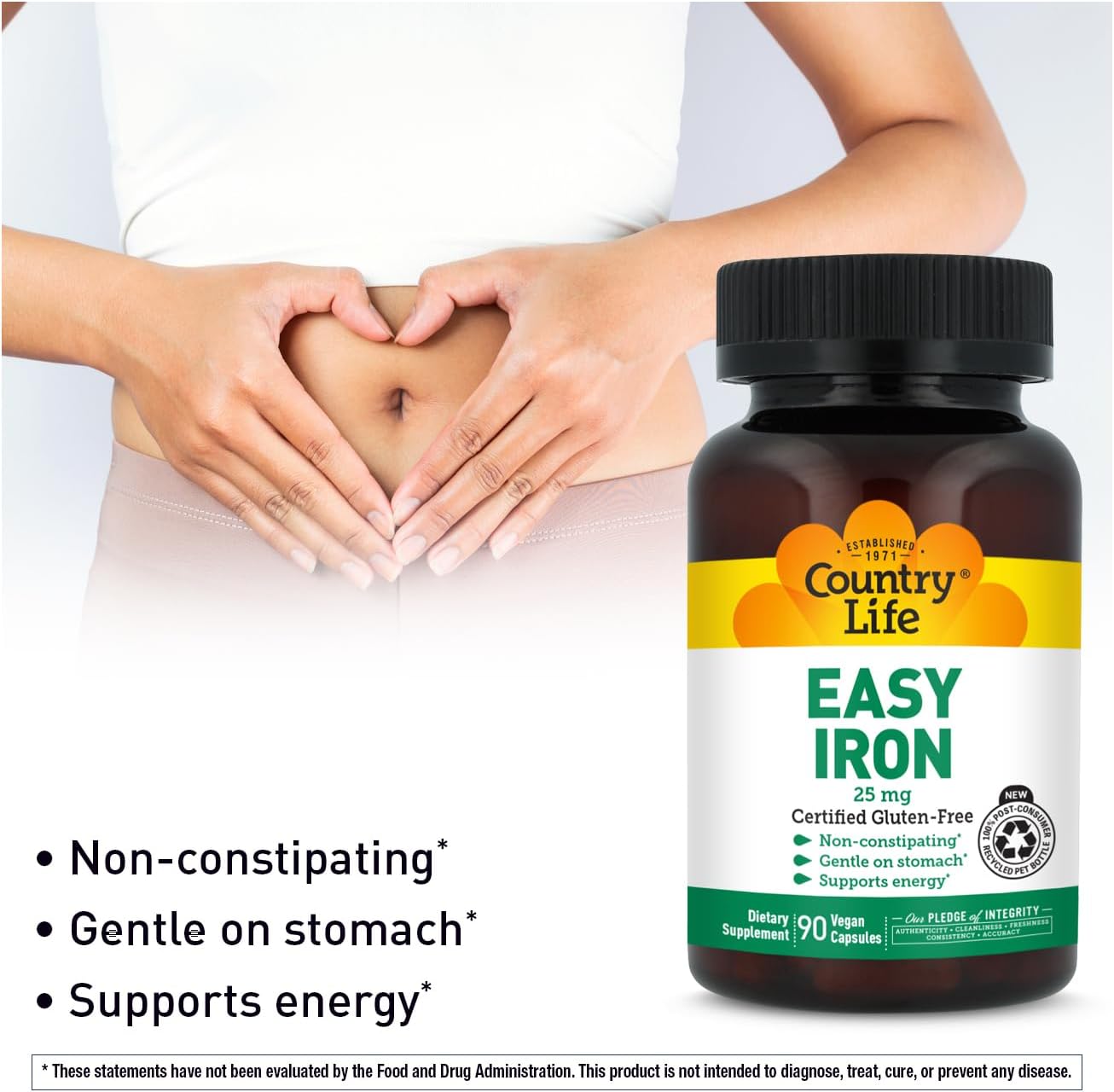 Country Life Easy Iron 25 mg with Ferrochel, 90 Capsules | Non-constipating and gentle on the stomach, Certified Gluten-Free, Vegan and Kosher Parve