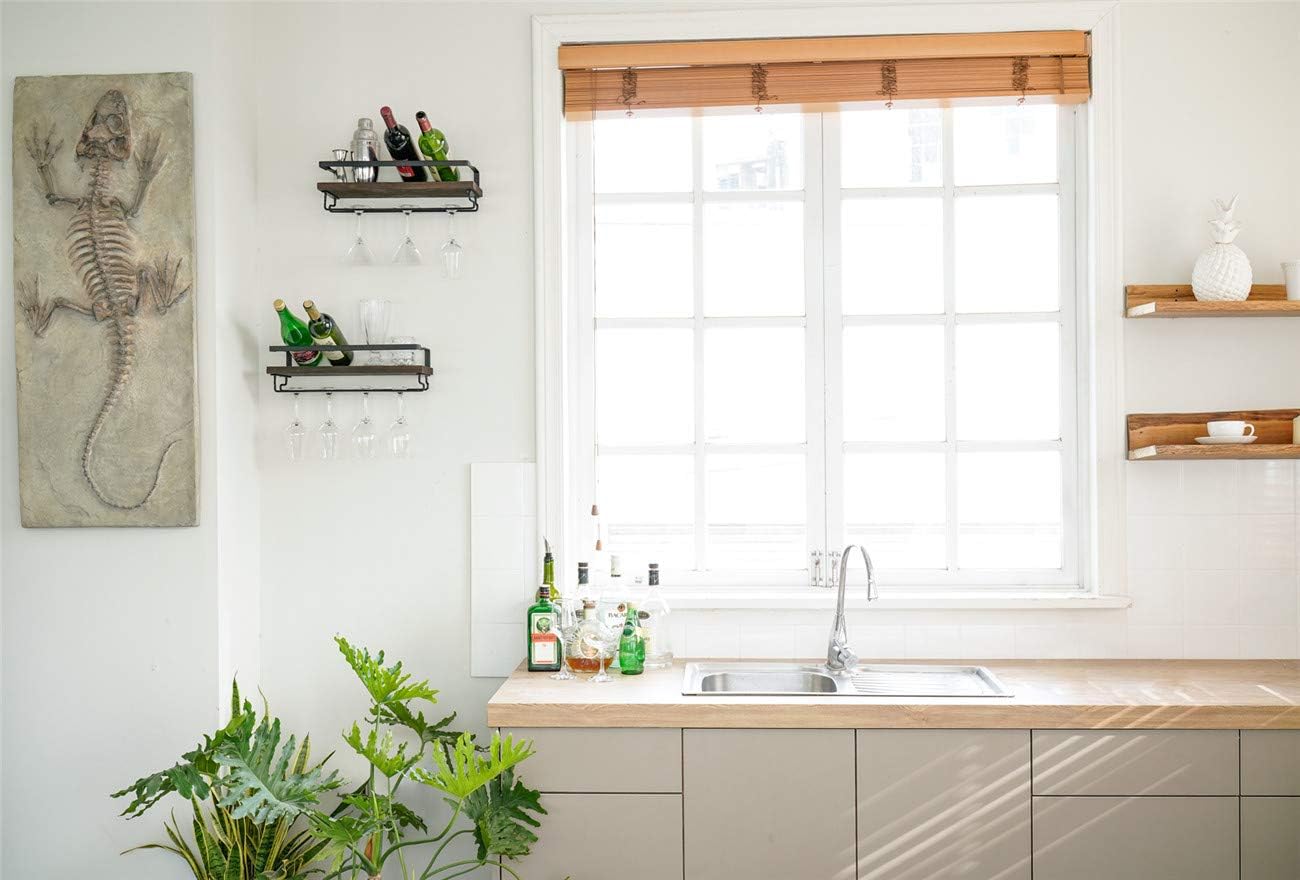 Mkono Wall Mounted Wine Rack Set of 2 Wood Rustic Wine Bottle Glass Floating Shelves with Stemware Hanger Modern Plants Photos Wine Display Storage