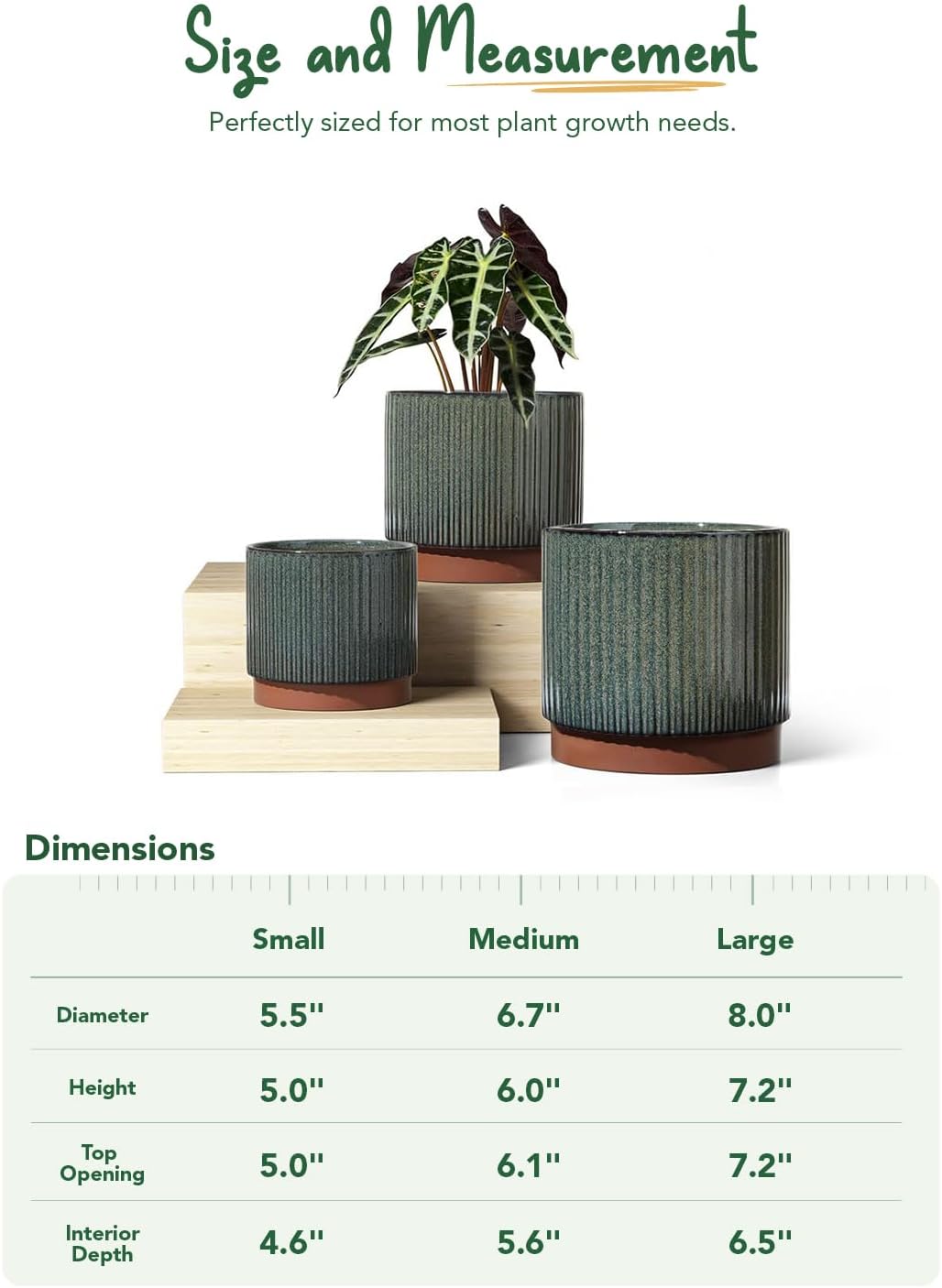LE TAUCI Ceramic Plant Pots with Drainage Holes, Set of 3, 8+6.7+5.5 Inch Stripe Garden Planter Pots for Outdoor Indoor Plants Flower