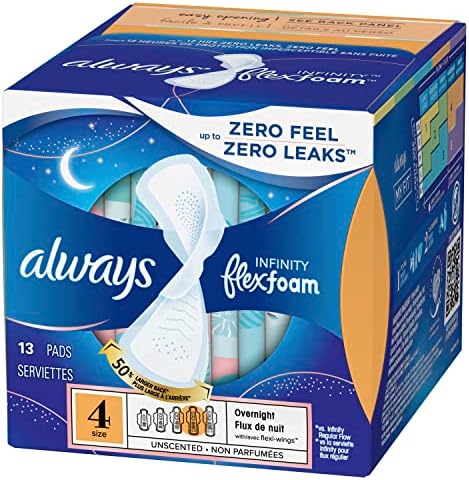 Always Infinity Feminine Pads for Women, Flexfoam Pads with Wings, Size 4, Overnight Absorbency, Unscented, 38 Count
