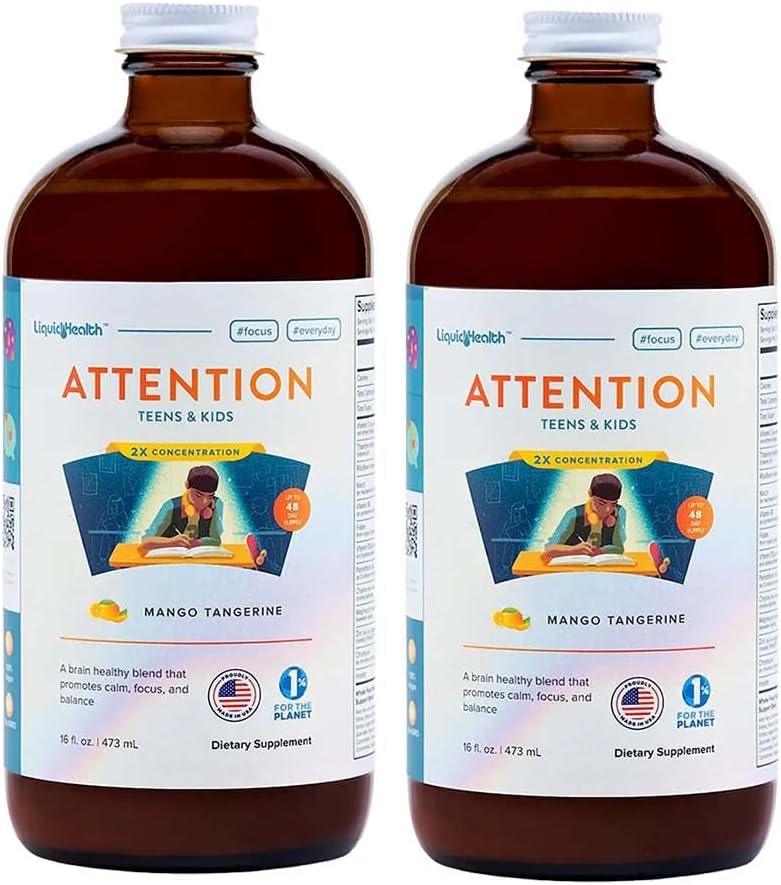 LIQUIDHEALTH Attention Liquid Multivitamin for Kids & Teens - Improves Memory Retention, Concentration, Focus, Mood, Relaxation & Calming - Made in the USA, Great Taste, Vegan, Sugar-Free (16 oz)