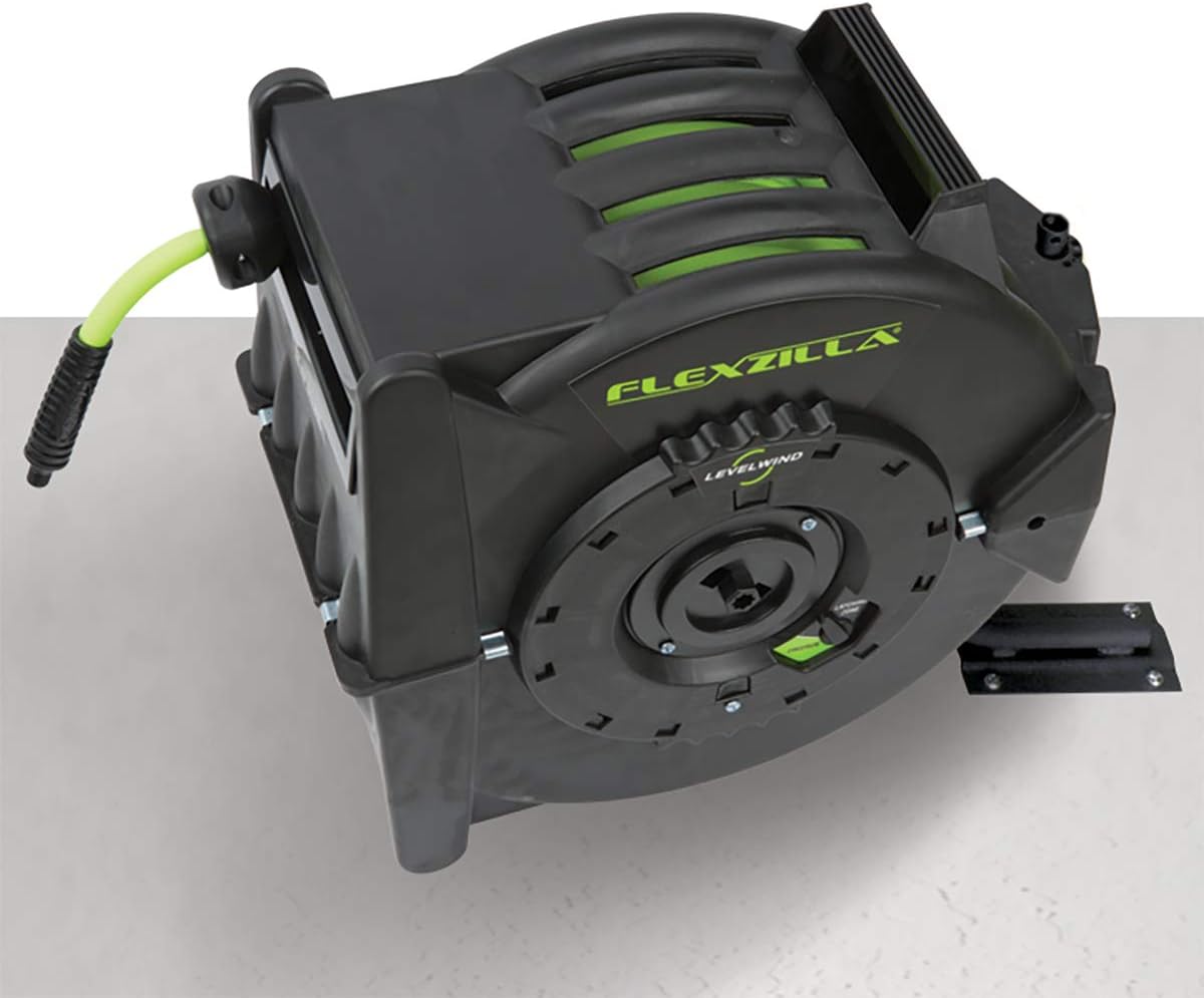 Flexzilla Levelwind Retractable Air Hose Reel, 3/8 in. x 75 ft., Heavy Duty, Lightweight, Hybrid, ZillaGreen - L8306FZ
