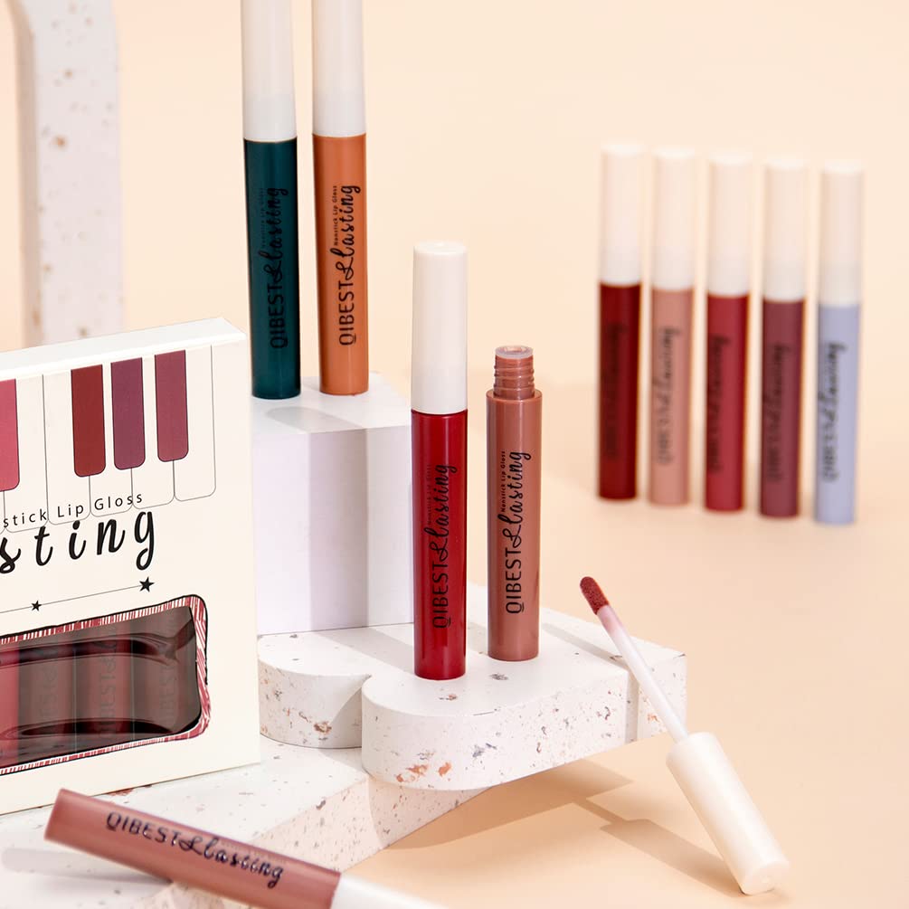 QiBest 7Pcs Matte Liquid Lipstick + 1Pcs Lip Plumper Makeup Set Kit, Pigmented Long Lasting Lip Gloss Set