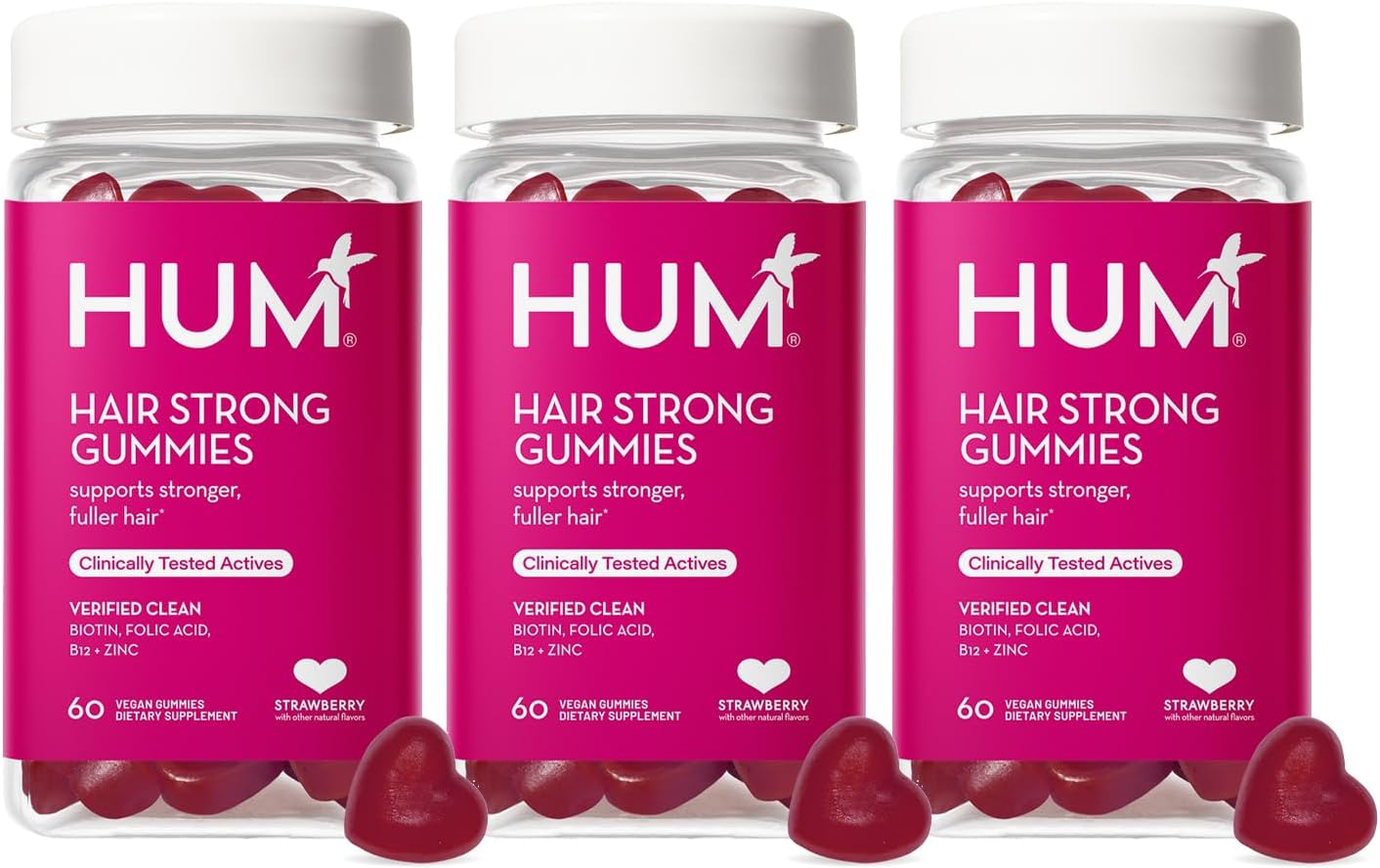 HUM Hair Strong Strawberry Gummies, Hair Growth Support, 60 Count | Folic Acid, Fo-Ti Root Extract, Biotin, Zinc & B12, Vegan Strawberry Gummies, Women & Men