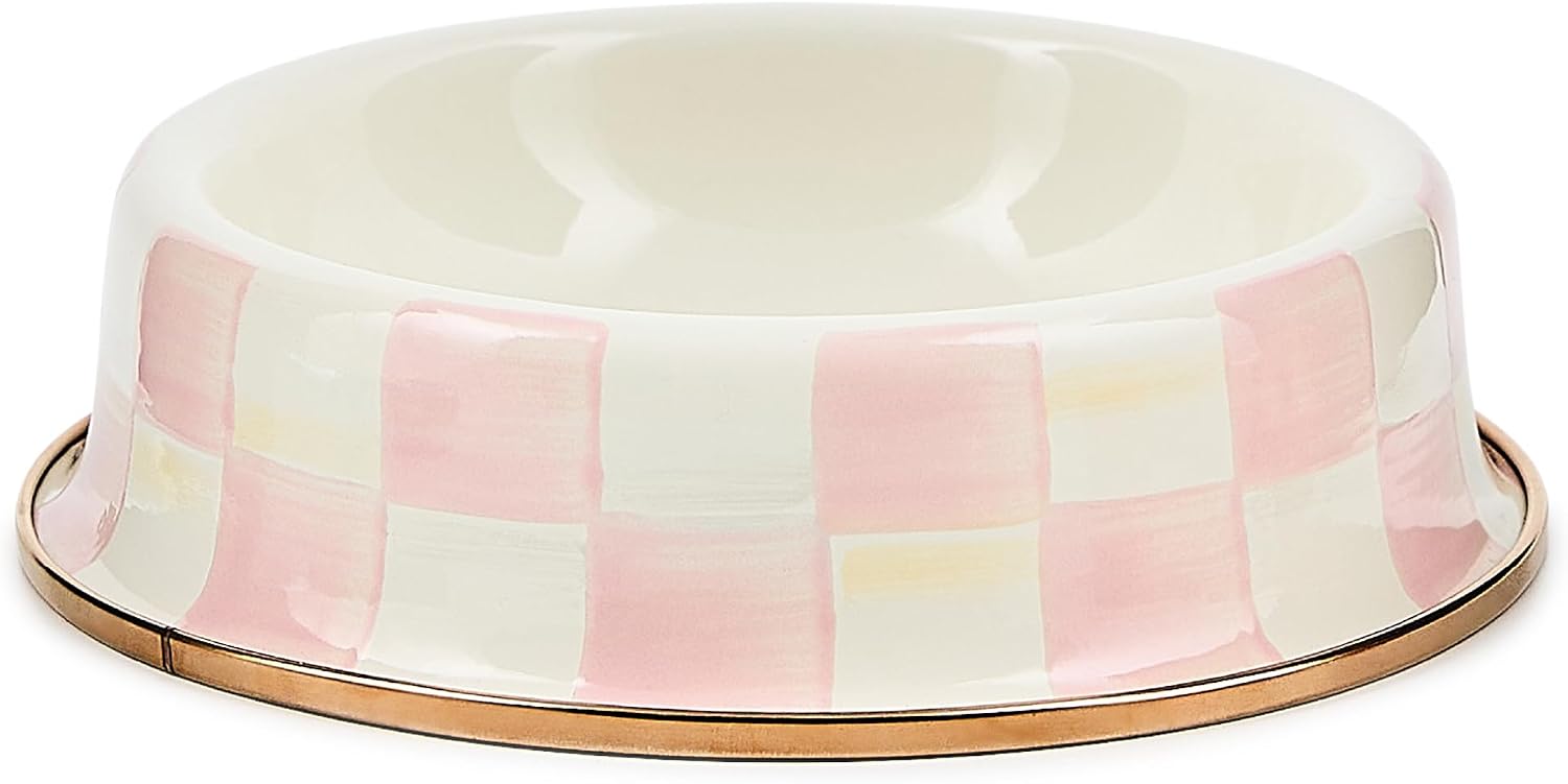 MACKENZIE-CHILDS Enamel Pet Dish, Large, Black-and-White Courtly Check | Decorative cat and dog bowl for food and water, 40-ounce capacity