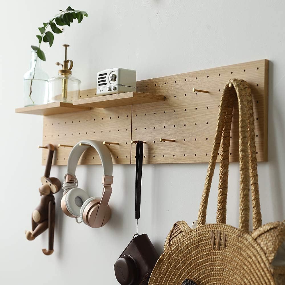 Wooden Pegboard Modular Display Organization Storage Wall Hooks Shelf(Color:Oak)