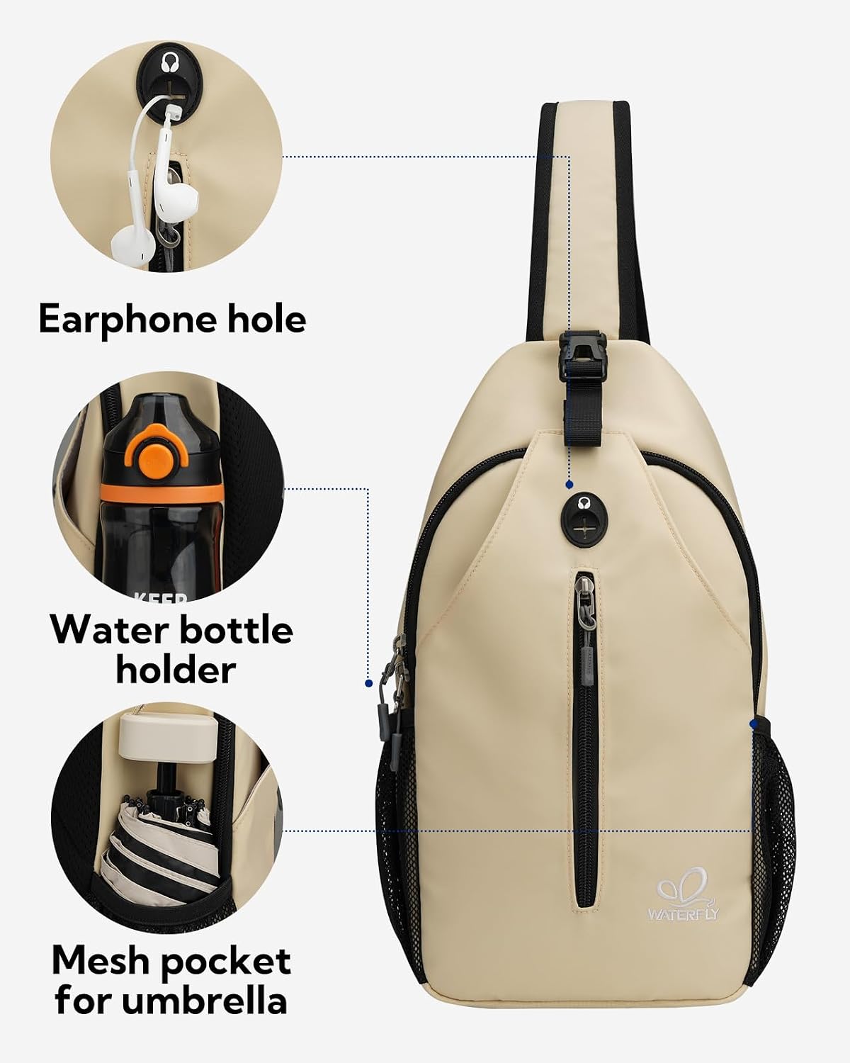 WATERFLY Crossbody Sling Backpack Sling Bag Travel Hiking Chest Bag Daypack (Black) | Small Hiking bag,Multi-compartment storage,Water-resistant,Breathable back pad,Reversible adjustable shoulder strap