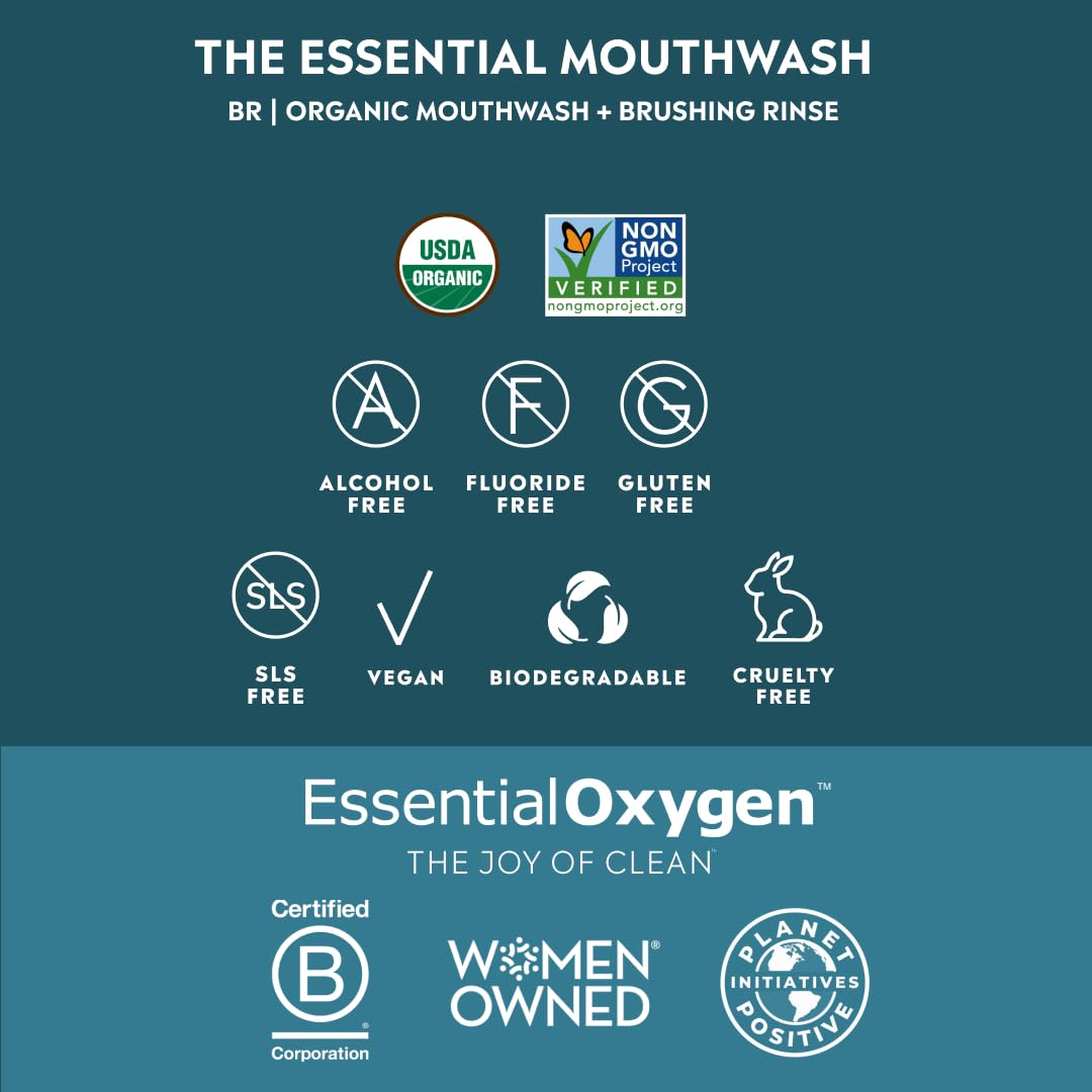 Essential Oxygen Certified BR Organic Brushing Rinse, All Natural Mouthwash for Whiter Teeth, Fresher Breath, and Happier Gums, Alcohol-Free Oral Care, Peppermint, 16 Ounce, Package may vary