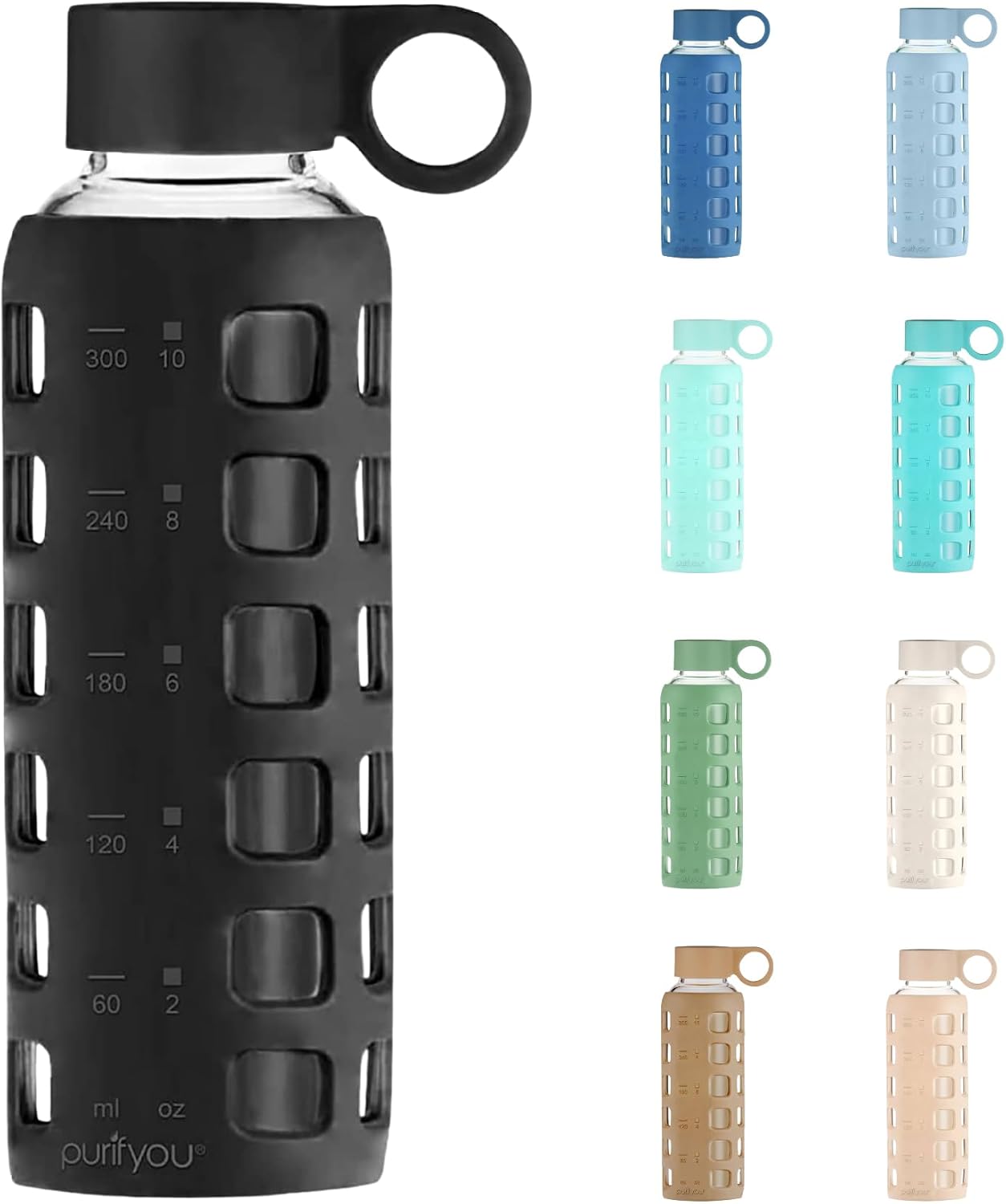 purifyou 40oz / 32oz / 22oz / 12oz Borosilicate Glass Water Bottle with Time & Volume Markers, Silicone Sleeve