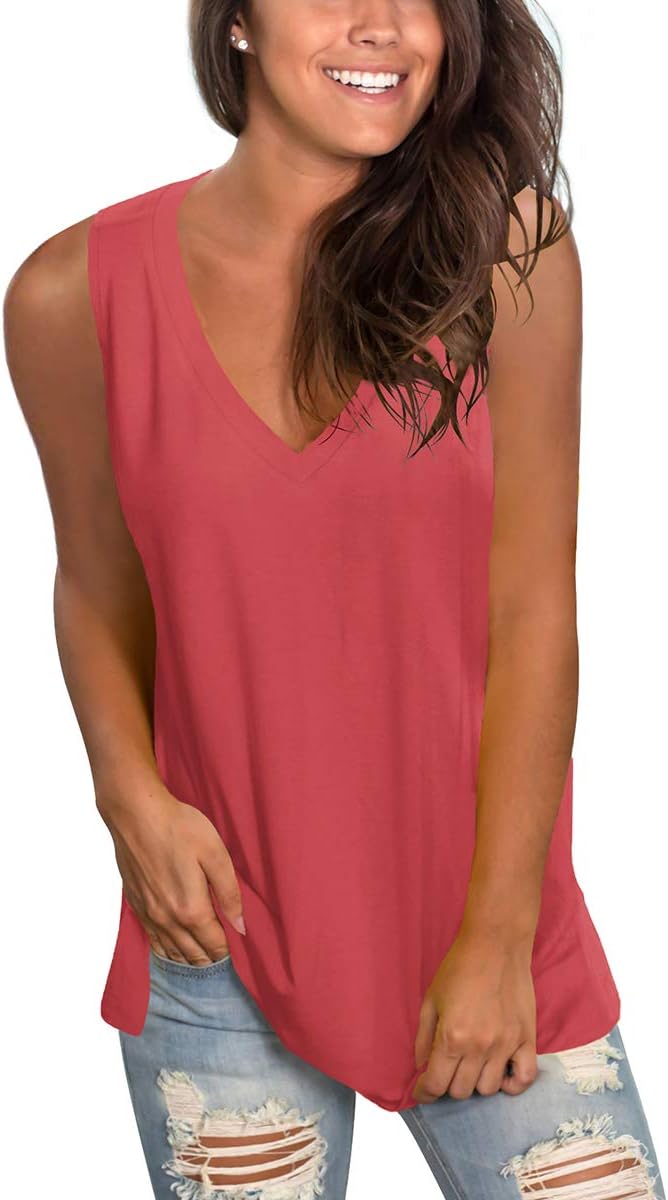 Sampeel Womens Summer Tank Tops Basic Tanks V Neck Sleeveless T Shirts Side Split