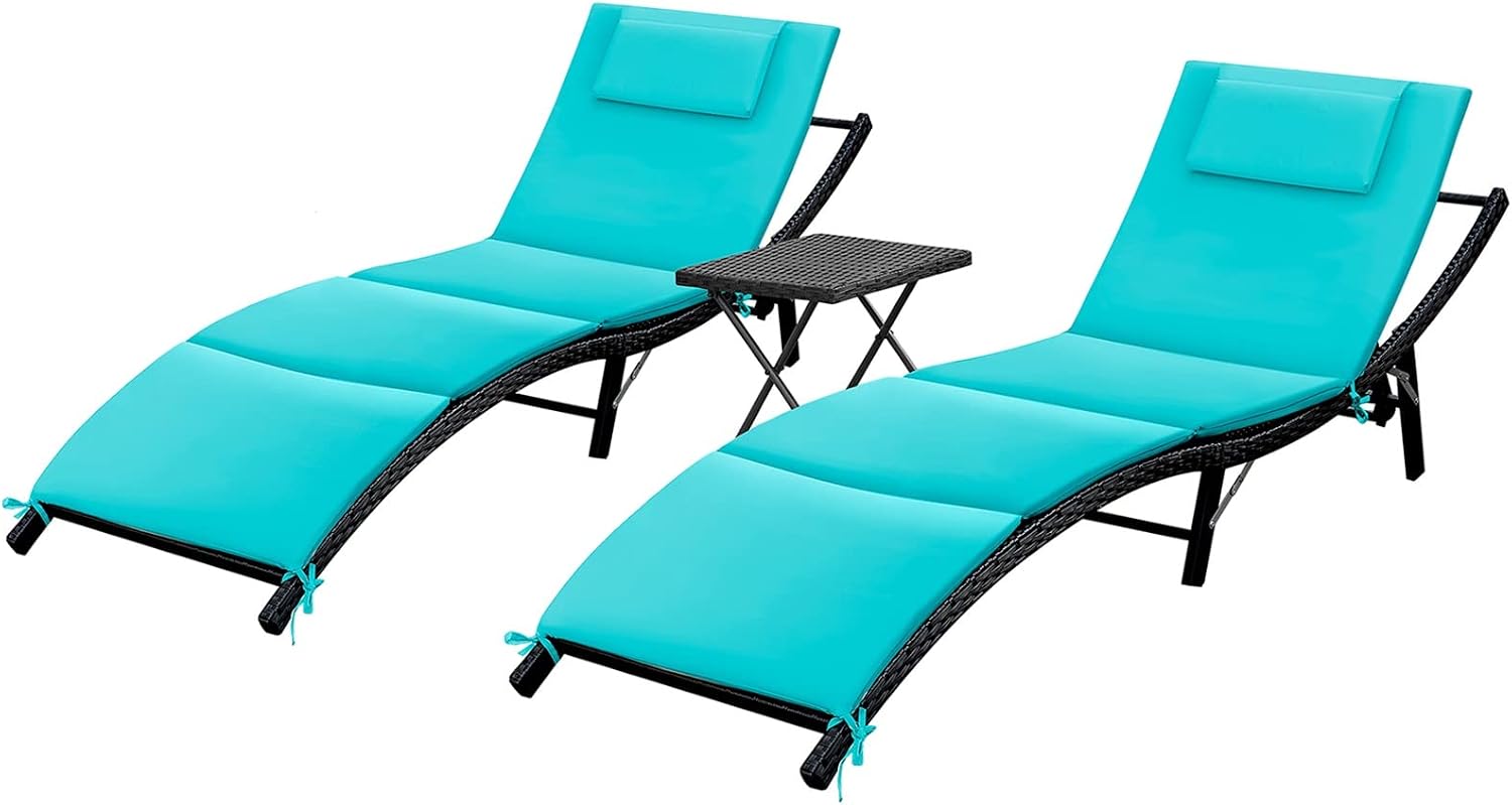 GUNJI Lounge Chairs for Outside 3 Pieces Patio Adjustable Chaise Lounge Outdoor Wicker Lounge Chairs Set of 2 with Table Folding Chaise Lounger for