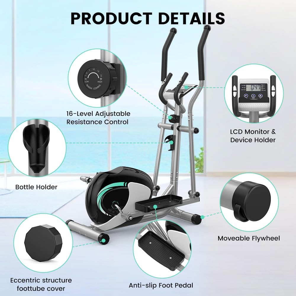 Dripex Elliptical Exercise Machine, Elliptical Machine for Home with 16 Resistance Levels, Quiet & Smooth Magnetic Elliptical Training Machines with 13.2 lb Flywheel, LCD Monitor & Pulse