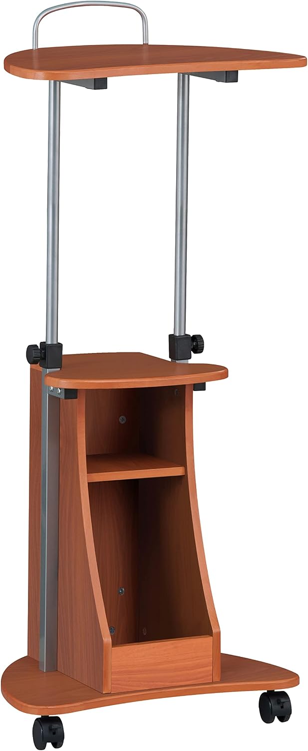 Techni Mobili Adjustable Height Rolling Laptop Cart with Storage, Graphite | Adjustable height rolling laptop cart with storage drawer, open shelf, wheels, sit‑stand design for office or medical use