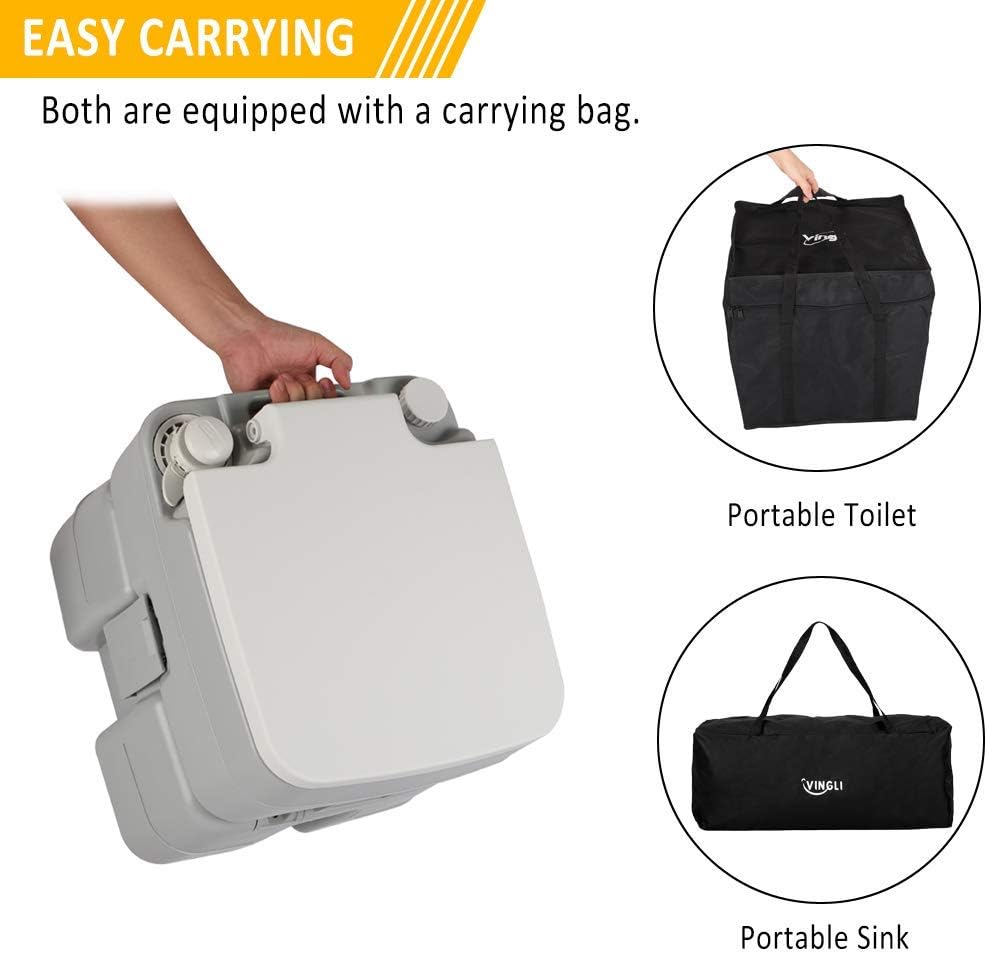 VINGLI Upgraded Portable Sink and Toilet Combo| Self-contained 5 Gal Hand Washing Station & 5.3 Gal Flushing Toilet