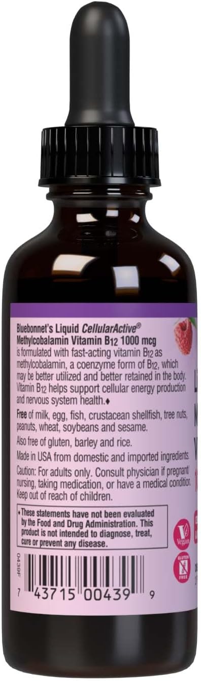 Bluebonnet Nutrition Liquid Cellular Active Methycobalamin Vitamin B12, 1000 mcg, For Cellular Energy Production and Nervous System Health, Soy-Free