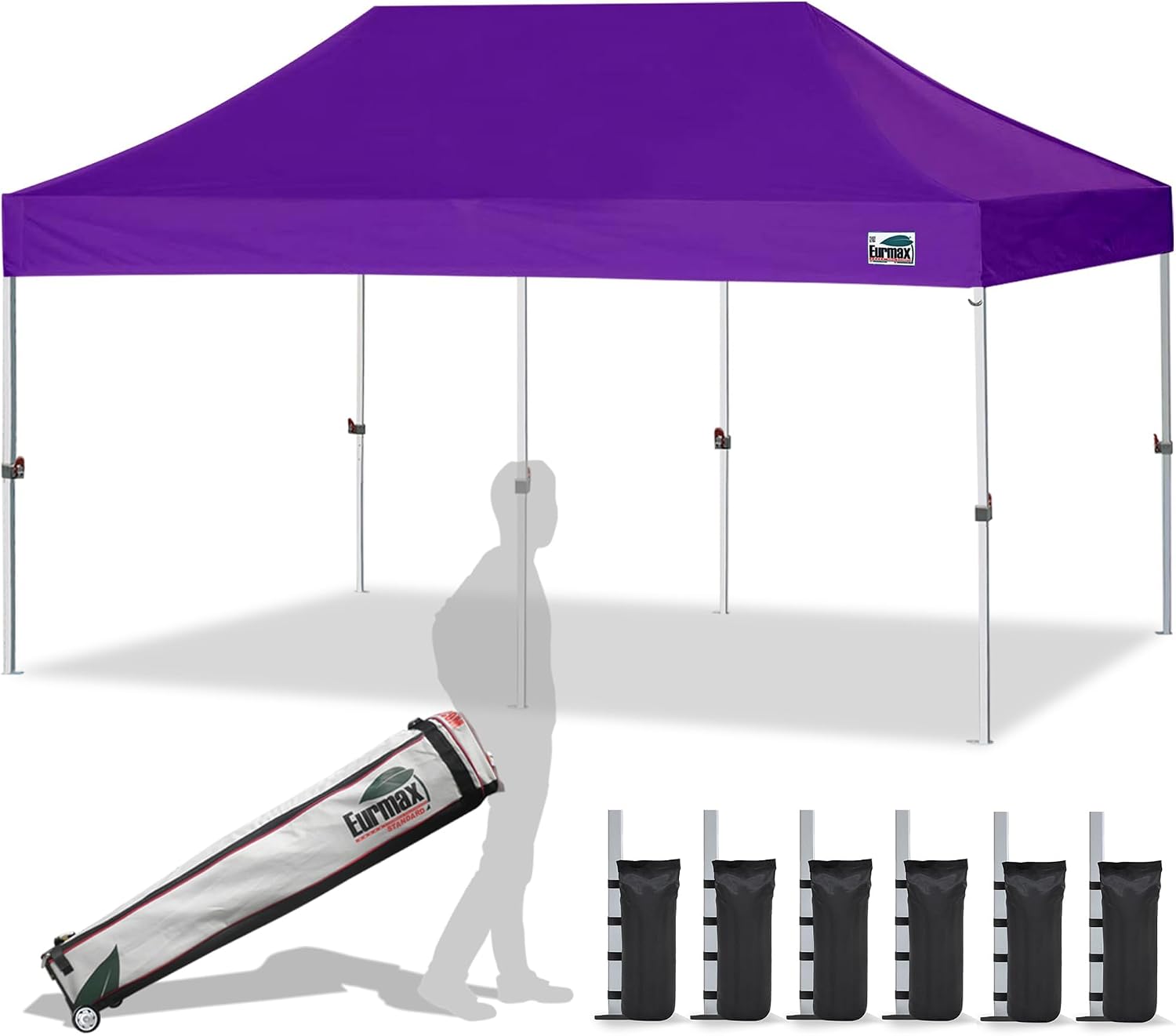 Eurmax USA 10x10ft Pop Up Canopy,Commercial Instant Tent for Outdoor Events,Patented No-Tip Rolling Storage Bag with 4 Sandbags,UV & Water Resistant,Heavy Duty Portable Shelter Gazebo,Black
