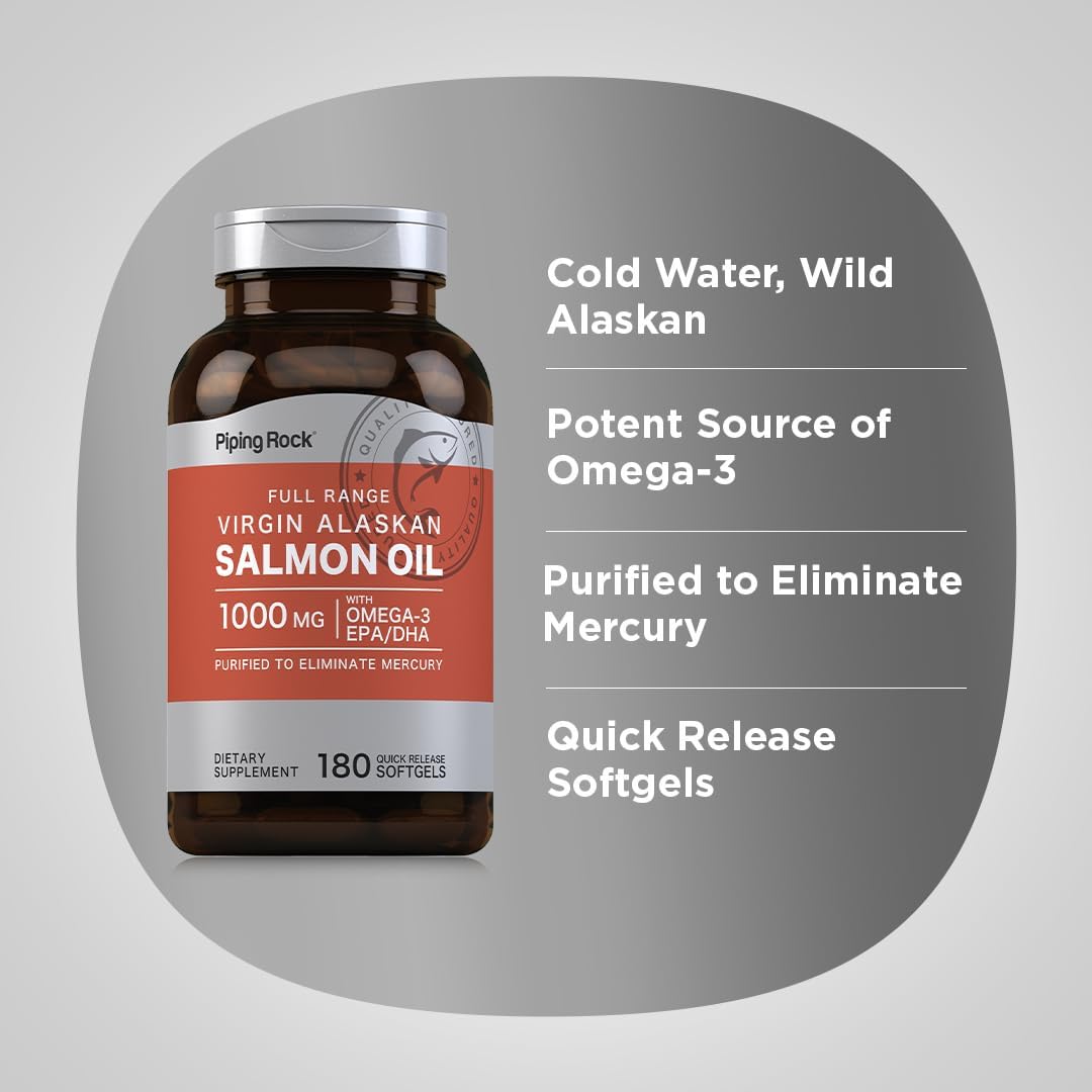 Piping Rock Wild Alaskan Salmon Oil for Humans | 1000mg | 180 Softgel Capsules | Omega 3 Supplement with EPA and DHA | Non-GMO and Gluten Free