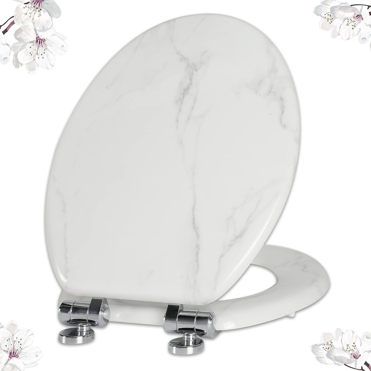 Angel Shield Marble Toilet Seat Durable Molded Wood with Quiet Close,Easy Clean，Quick-Release Hinges (Elongated,Black Marble)