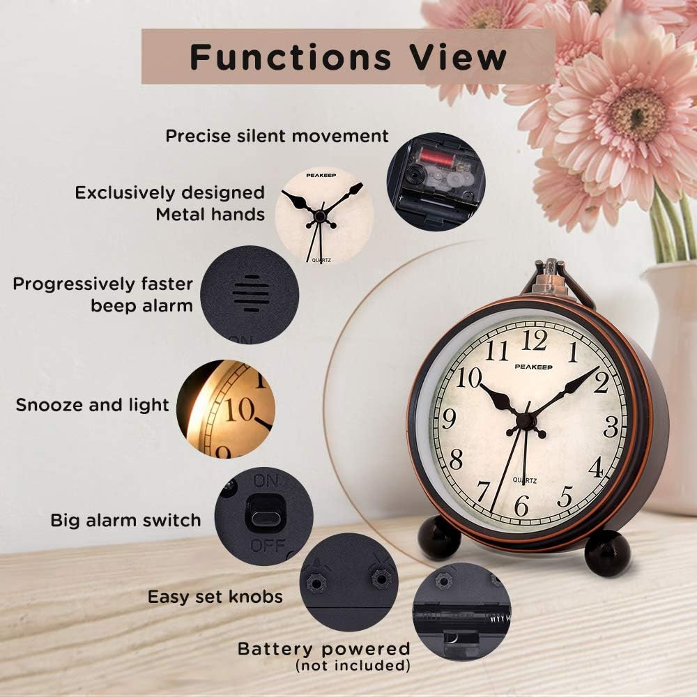 Peakeep 4" Small Battery Operated Analog Alarm Clock, Antique Retro Style