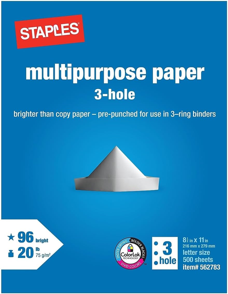 Staples Multipurpose Paper, 8 1/2 x 11, 3-Hole Punched, Ream, for Office, School & Home | Pre-punched white paper ready for standard 3-ring binders. Sold by the ream.