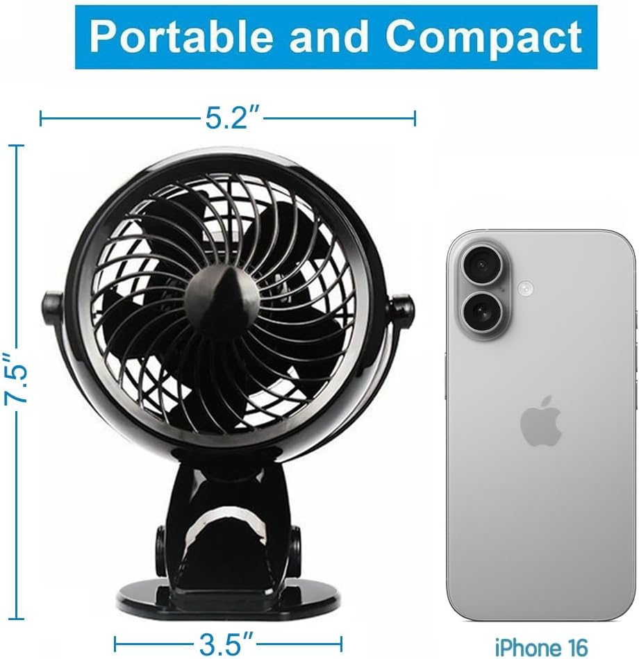 Gazeled Clip on Fan Battery Operated, 360° Rotation, with 8 Free AA Batteries, Quiet USB or Battery Operated Fan