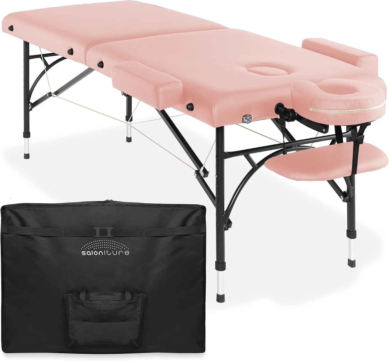 Saloniture Professional Portable Lightweight Bi-Fold Massage Table with Aluminum Legs - Includes Headrest, Face Cradle